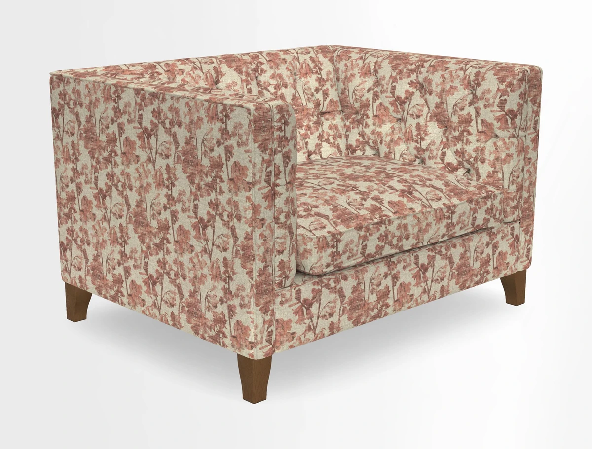 Haresfield Snuggler Dipped Arms in Mohair Lichen Seat Cushion in RHS Gertrude Jekyll Meadow Flower Olive and Scatters in RHS Gertrude Jekyll Folklore Olive