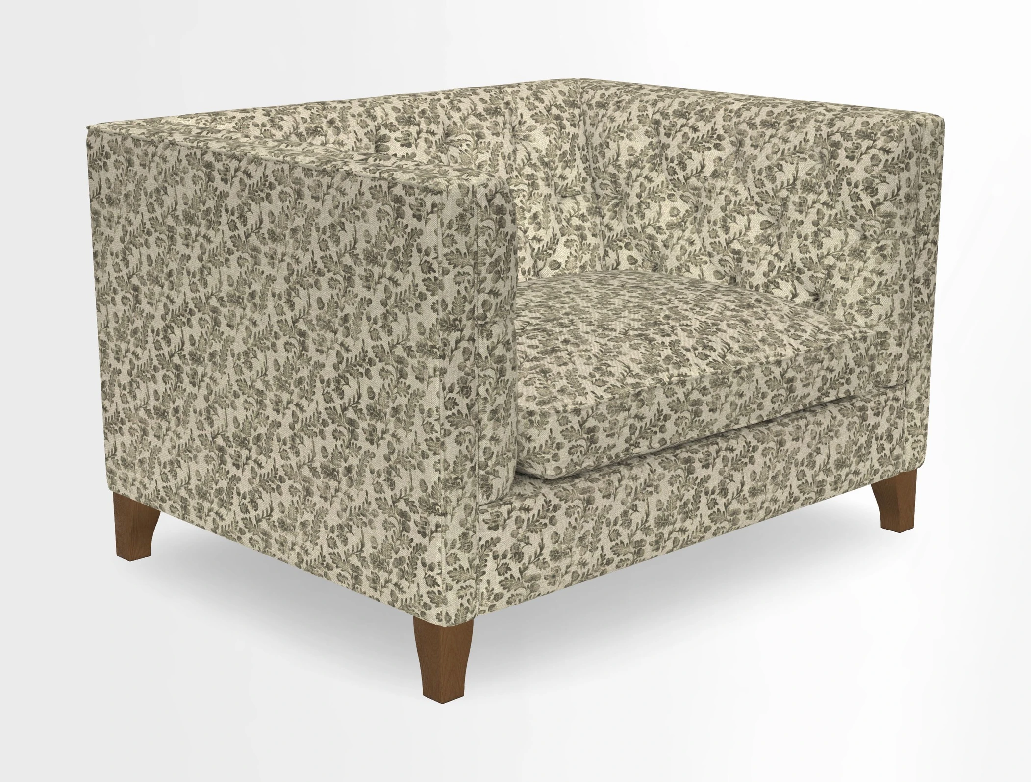 Haresfield Snuggler Dipped Arms in Mohair Lichen Seat Cushion in RHS Gertrude Jekyll Meadow Flower Olive and Scatters in RHS Gertrude Jekyll Folklore Olive