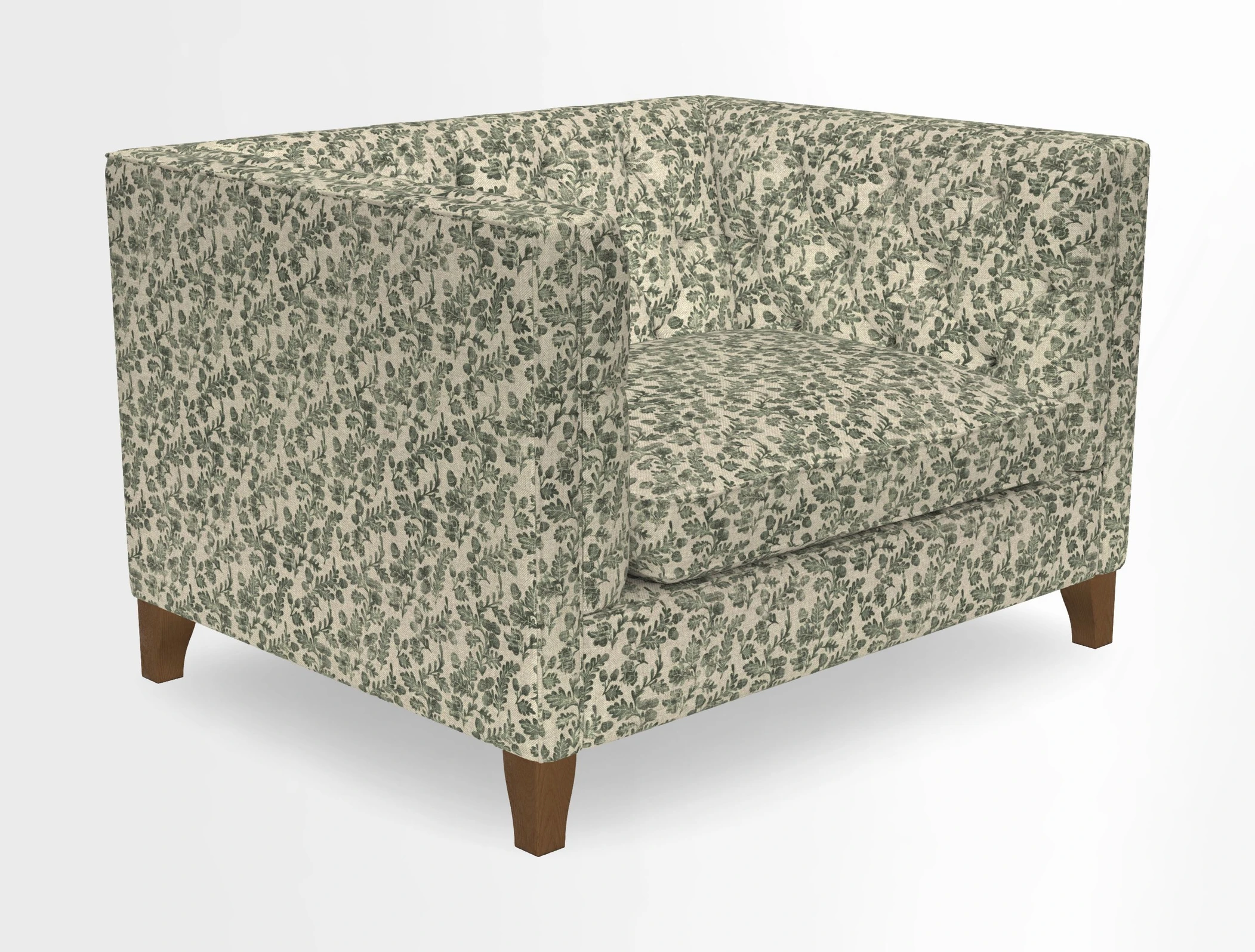 Haresfield Snuggler Dipped Arms in Mohair Lichen Seat Cushion in RHS Gertrude Jekyll Meadow Flower Olive and Scatters in RHS Gertrude Jekyll Folklore Olive