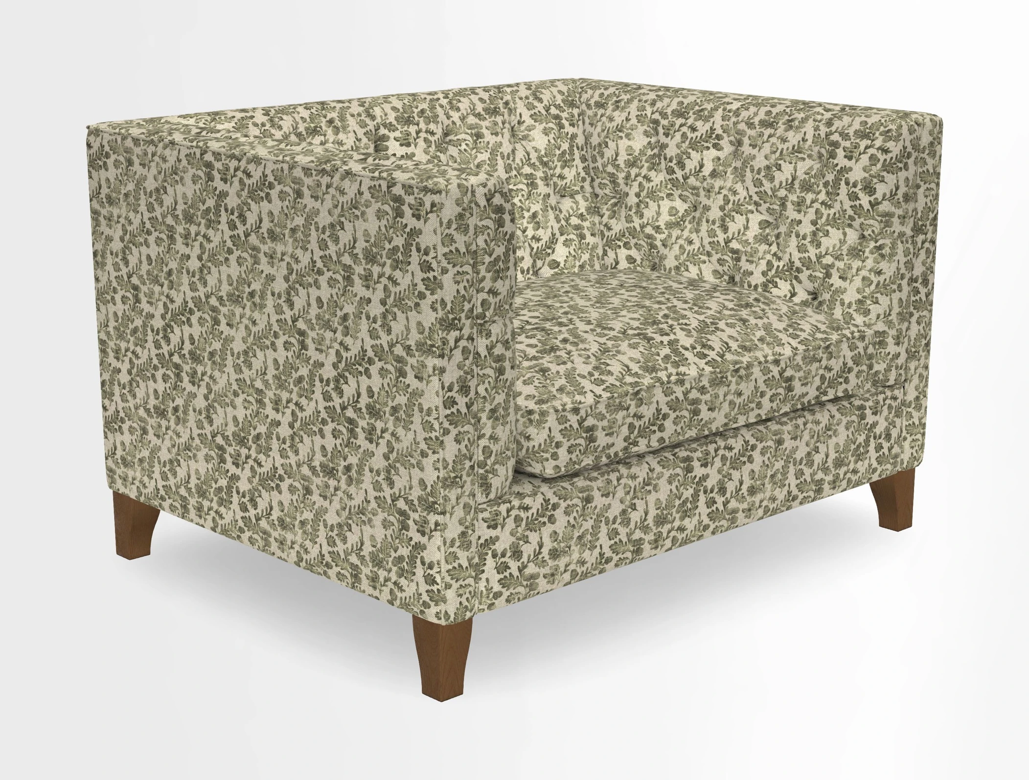 Haresfield Snuggler Dipped Arms in Mohair Lichen Seat Cushion in RHS Gertrude Jekyll Meadow Flower Olive and Scatters in RHS Gertrude Jekyll Folklore Olive