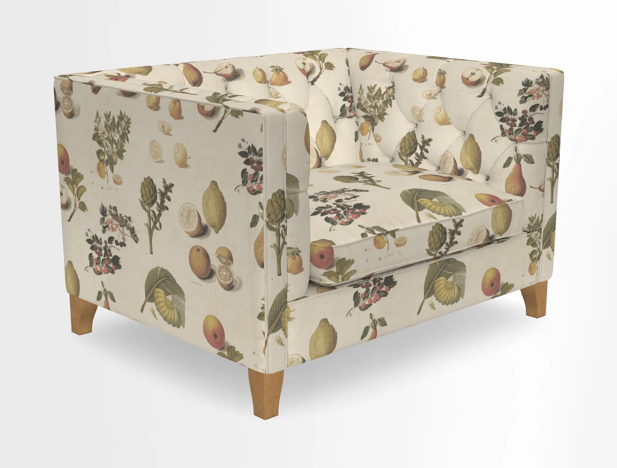Haresfield Snuggler Dipped Arms in Mohair Lichen Seat Cushion in RHS Gertrude Jekyll Meadow Flower Olive and Scatters in RHS Gertrude Jekyll Folklore Olive
