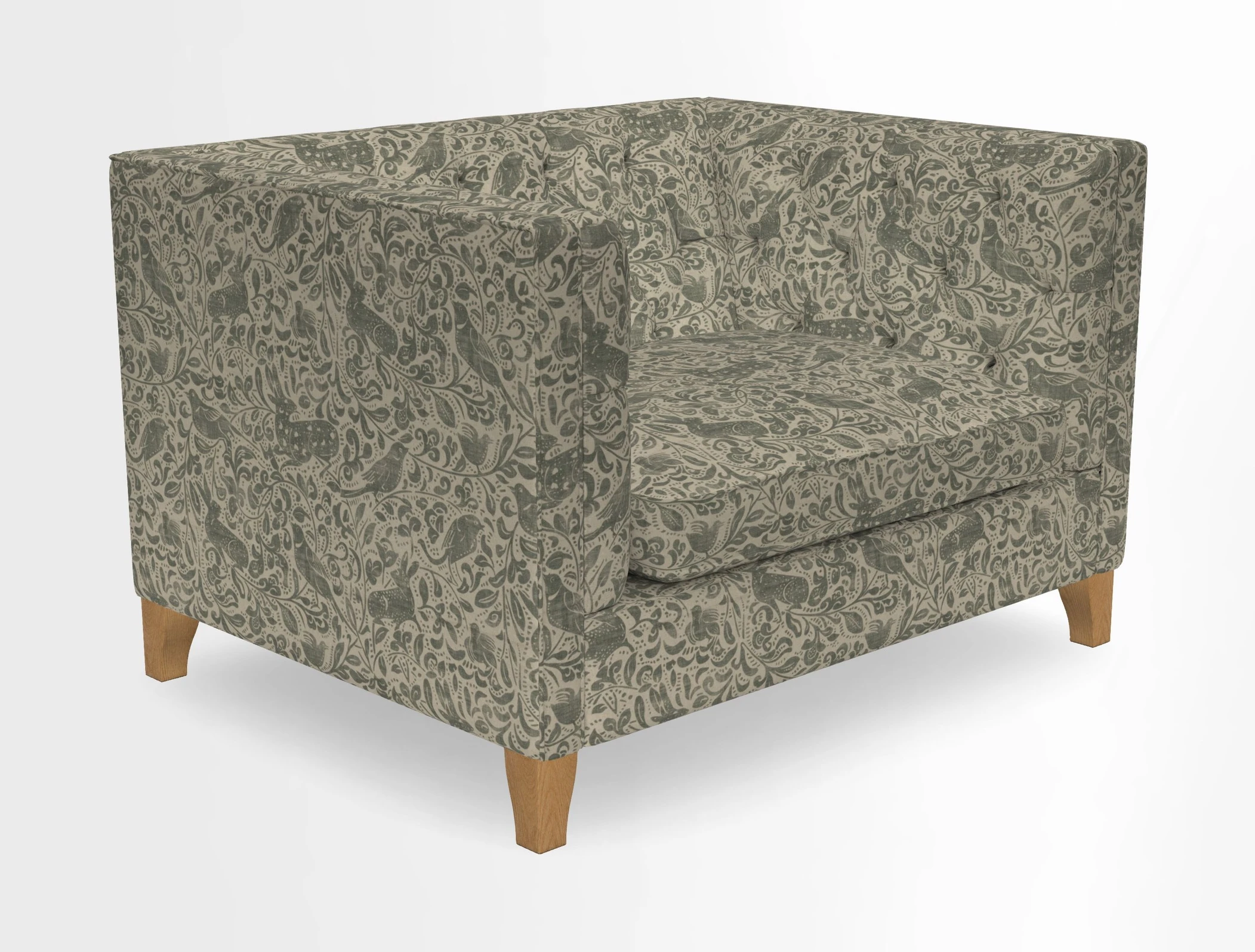 Haresfield Snuggler Dipped Arms in Mohair Lichen Seat Cushion in RHS Gertrude Jekyll Meadow Flower Olive and Scatters in RHS Gertrude Jekyll Folklore Olive