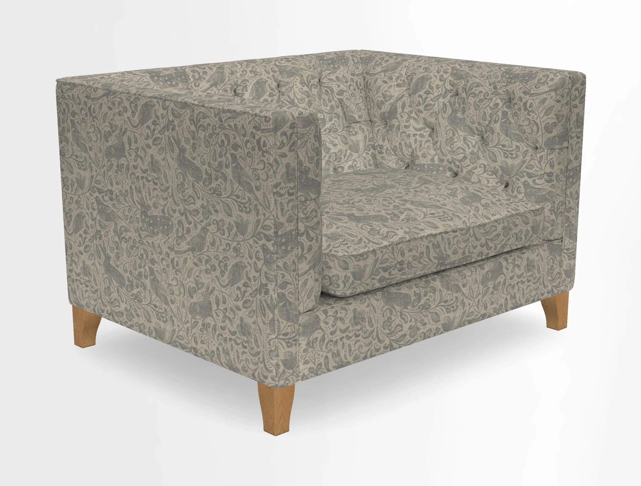 Haresfield Snuggler Dipped Arms in Mohair Lichen Seat Cushion in RHS Gertrude Jekyll Meadow Flower Olive and Scatters in RHS Gertrude Jekyll Folklore Olive