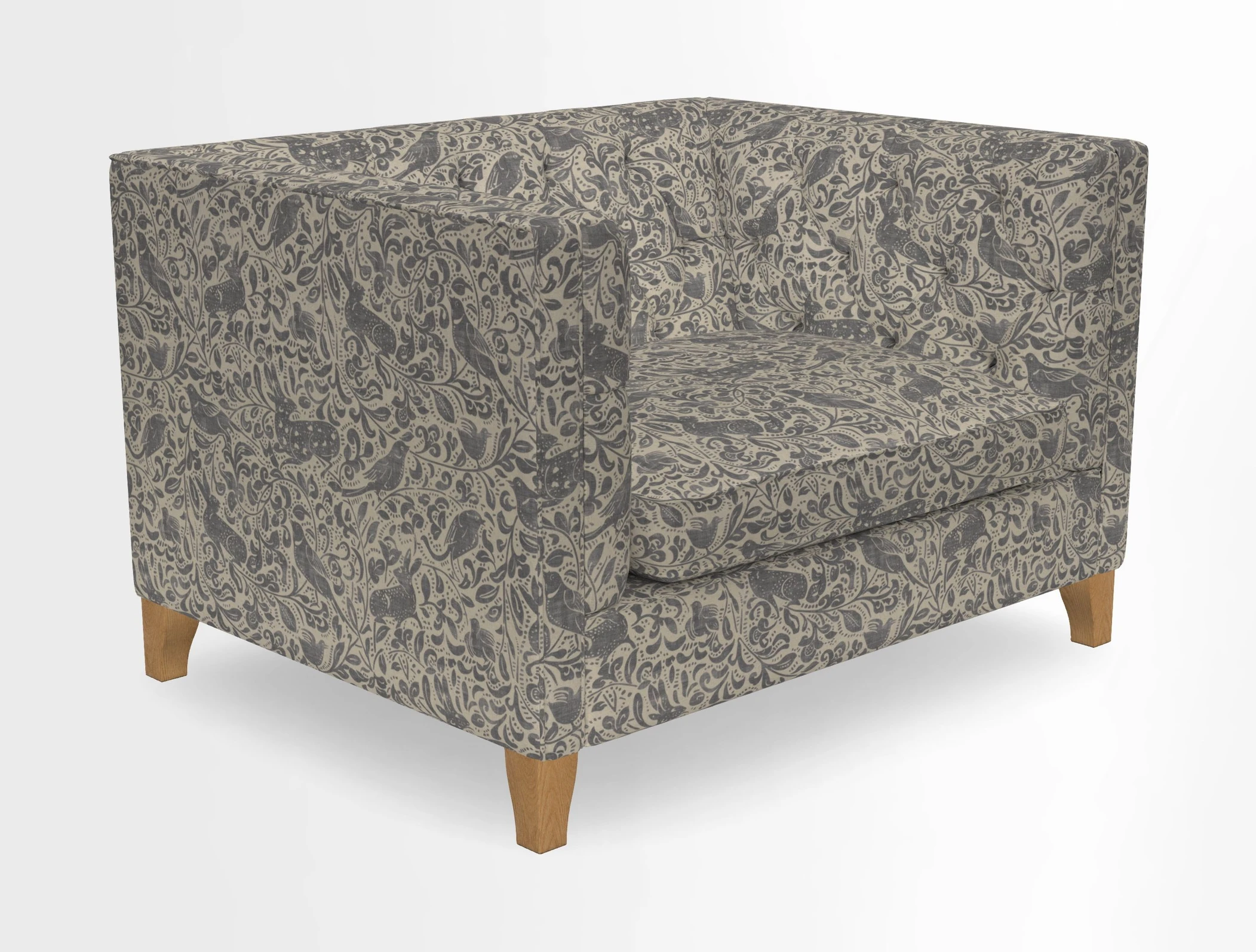 Haresfield Snuggler Dipped Arms in Mohair Lichen Seat Cushion in RHS Gertrude Jekyll Meadow Flower Olive and Scatters in RHS Gertrude Jekyll Folklore Olive