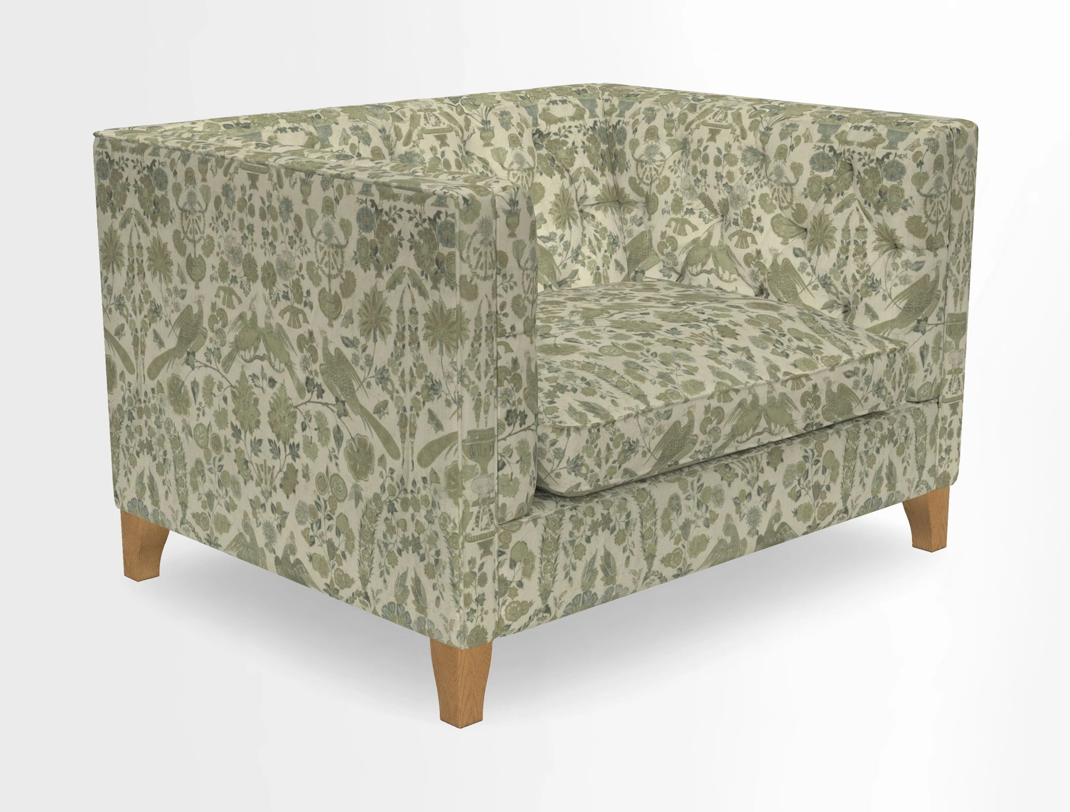 Haresfield Snuggler Dipped Arms in Mohair Lichen Seat Cushion in RHS Gertrude Jekyll Meadow Flower Olive and Scatters in RHS Gertrude Jekyll Folklore Olive