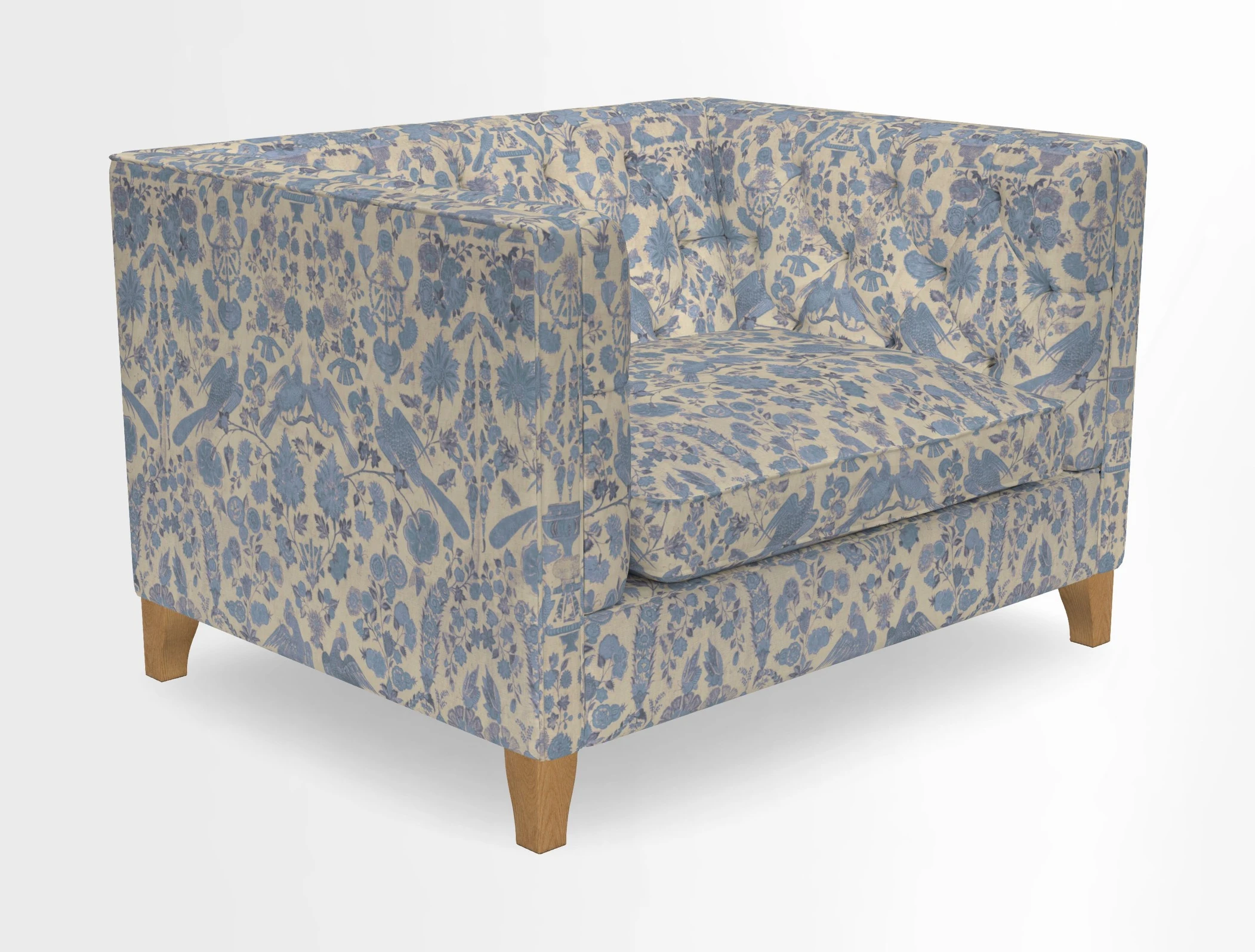 Haresfield Snuggler Dipped Arms in Mohair Lichen Seat Cushion in RHS Gertrude Jekyll Meadow Flower Olive and Scatters in RHS Gertrude Jekyll Folklore Olive