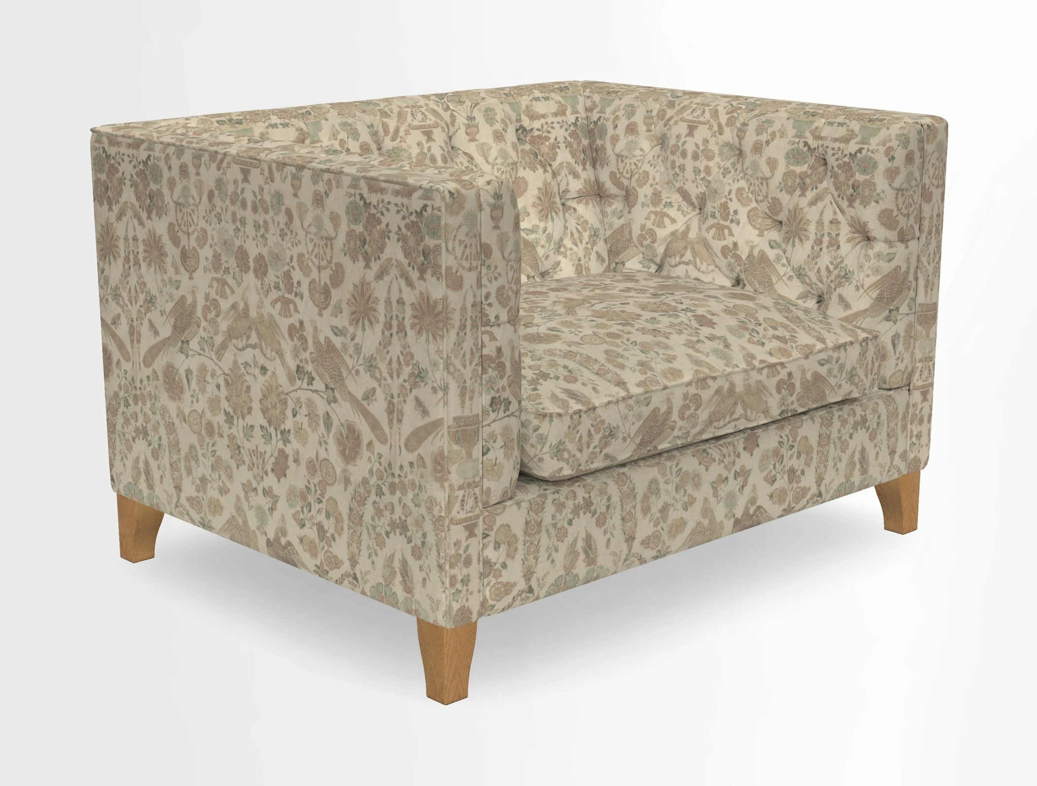 Haresfield Snuggler Dipped Arms in Mohair Lichen Seat Cushion in RHS Gertrude Jekyll Meadow Flower Olive and Scatters in RHS Gertrude Jekyll Folklore Olive