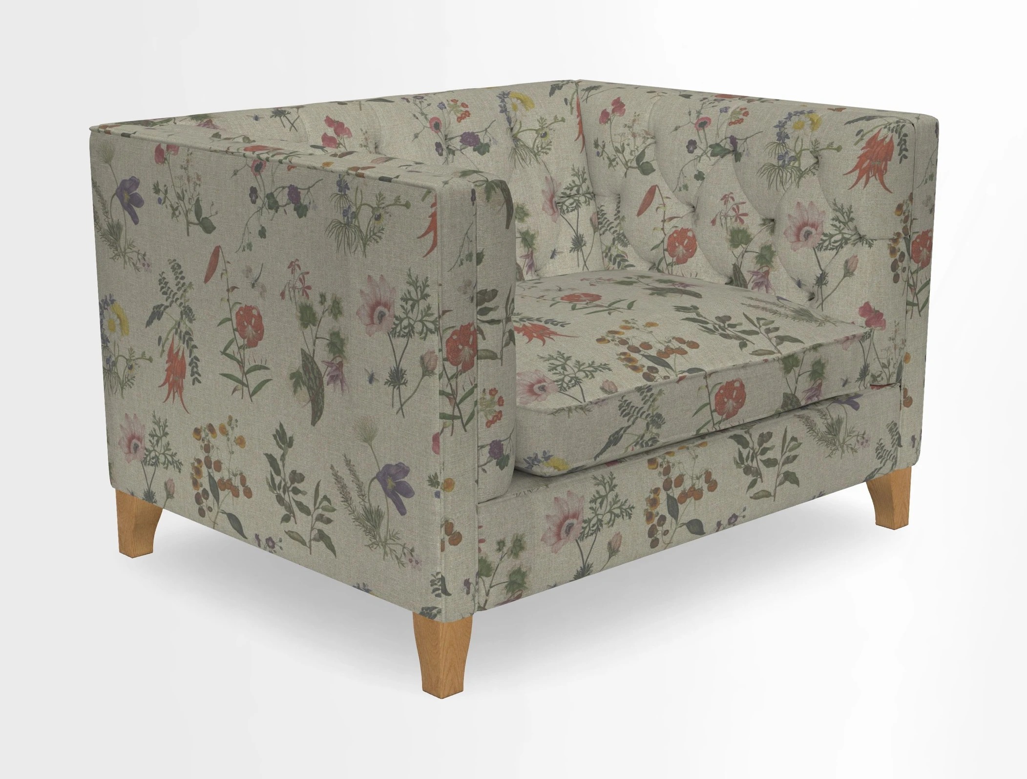 Haresfield Snuggler Dipped Arms in Mohair Lichen Seat Cushion in RHS Gertrude Jekyll Meadow Flower Olive and Scatters in RHS Gertrude Jekyll Folklore Olive
