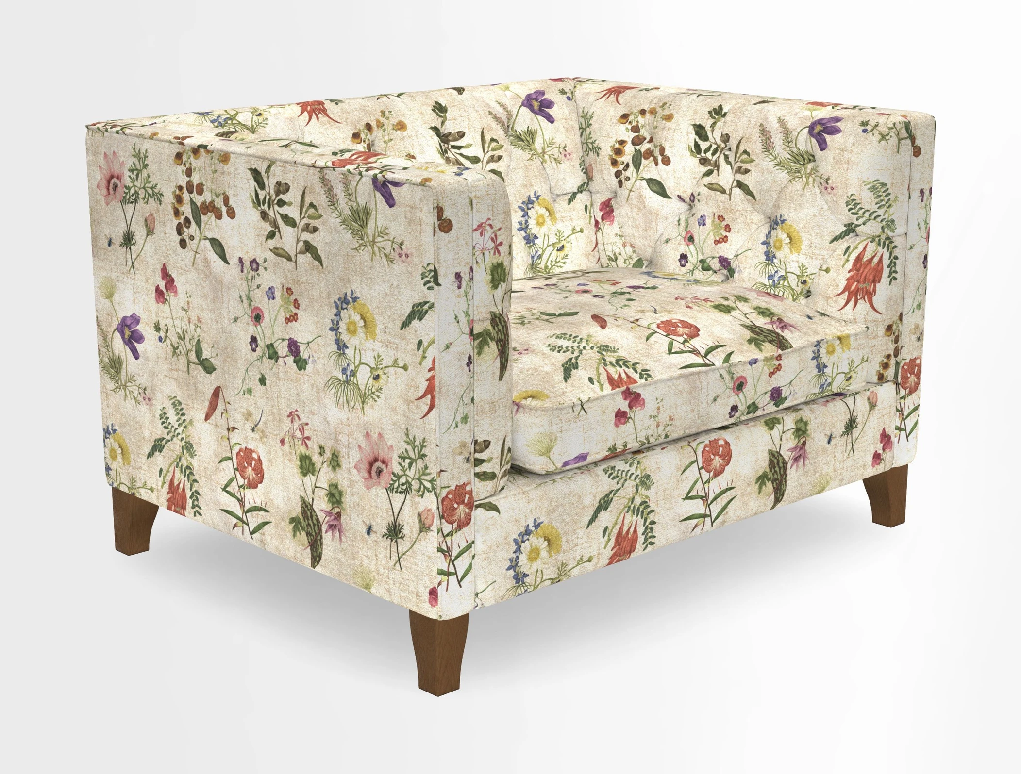 Haresfield Snuggler Dipped Arms in Mohair Lichen Seat Cushion in RHS Gertrude Jekyll Meadow Flower Olive and Scatters in RHS Gertrude Jekyll Folklore Olive