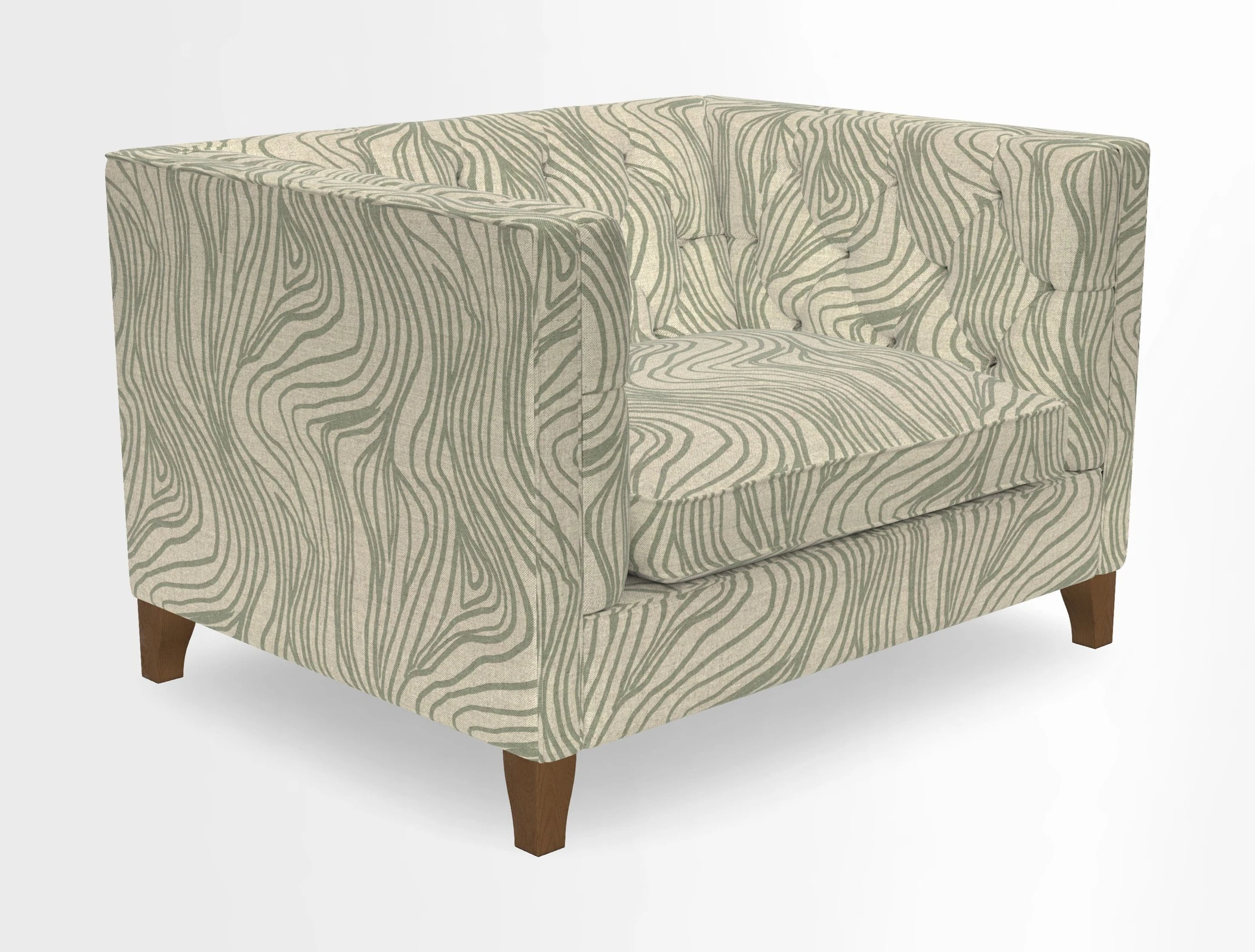Haresfield Snuggler Dipped Arms in Mohair Lichen Seat Cushion in RHS Gertrude Jekyll Meadow Flower Olive and Scatters in RHS Gertrude Jekyll Folklore Olive