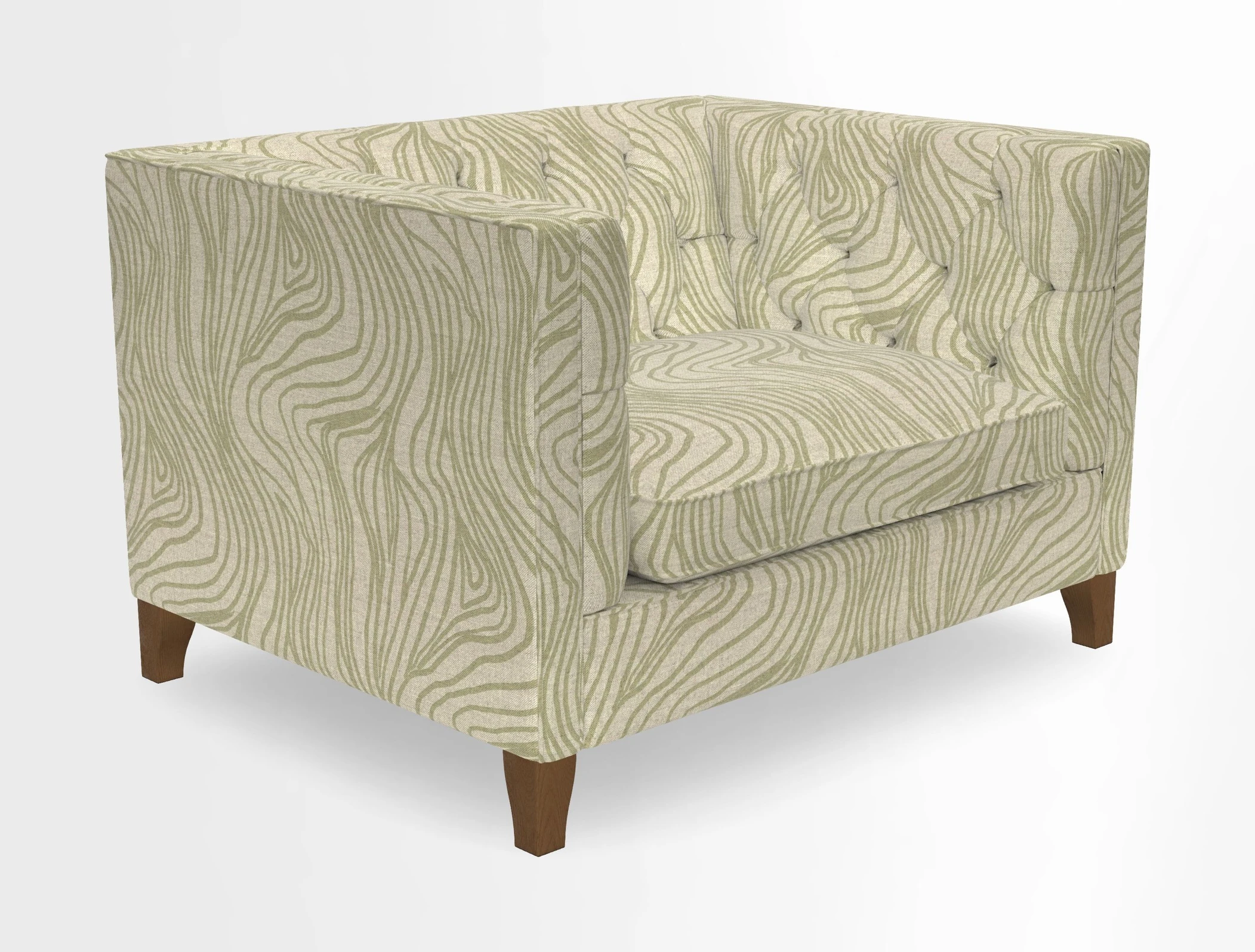 Haresfield Snuggler Dipped Arms in Mohair Lichen Seat Cushion in RHS Gertrude Jekyll Meadow Flower Olive and Scatters in RHS Gertrude Jekyll Folklore Olive