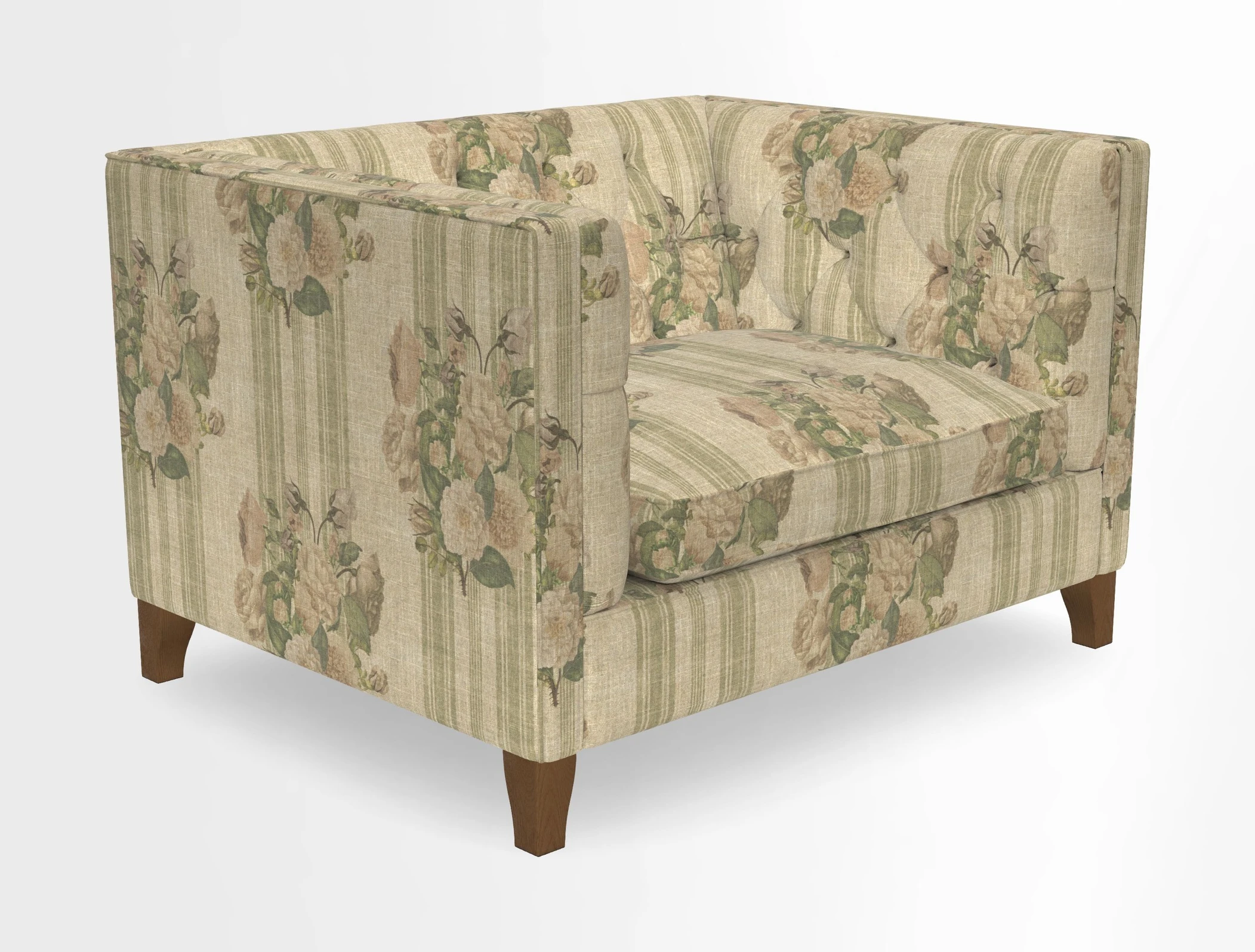 Haresfield Snuggler Dipped Arms in Mohair Lichen Seat Cushion in RHS Gertrude Jekyll Meadow Flower Olive and Scatters in RHS Gertrude Jekyll Folklore Olive