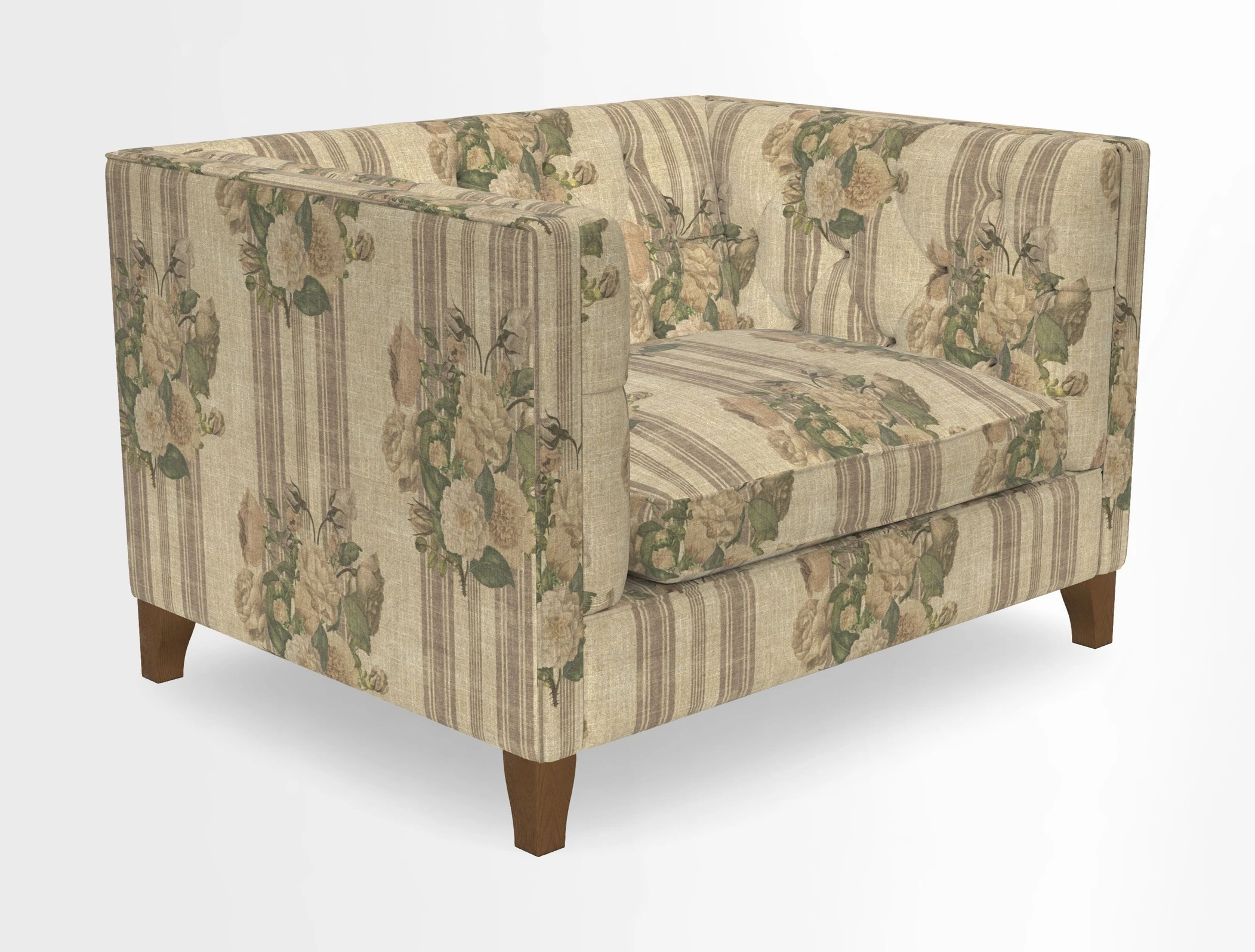 Haresfield Snuggler Dipped Arms in Mohair Lichen Seat Cushion in RHS Gertrude Jekyll Meadow Flower Olive and Scatters in RHS Gertrude Jekyll Folklore Olive
