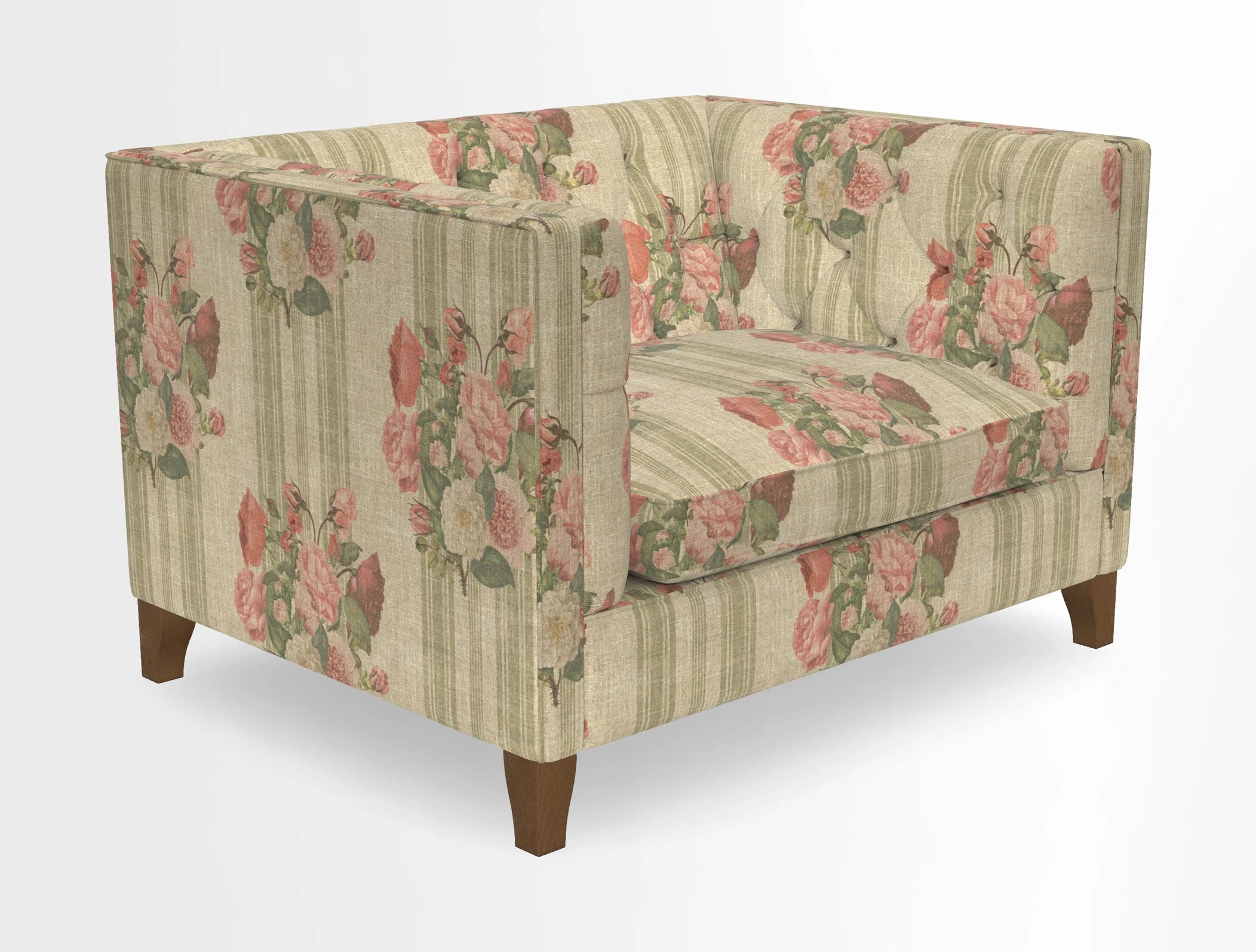 Haresfield Snuggler Dipped Arms in Mohair Lichen Seat Cushion in RHS Gertrude Jekyll Meadow Flower Olive and Scatters in RHS Gertrude Jekyll Folklore Olive