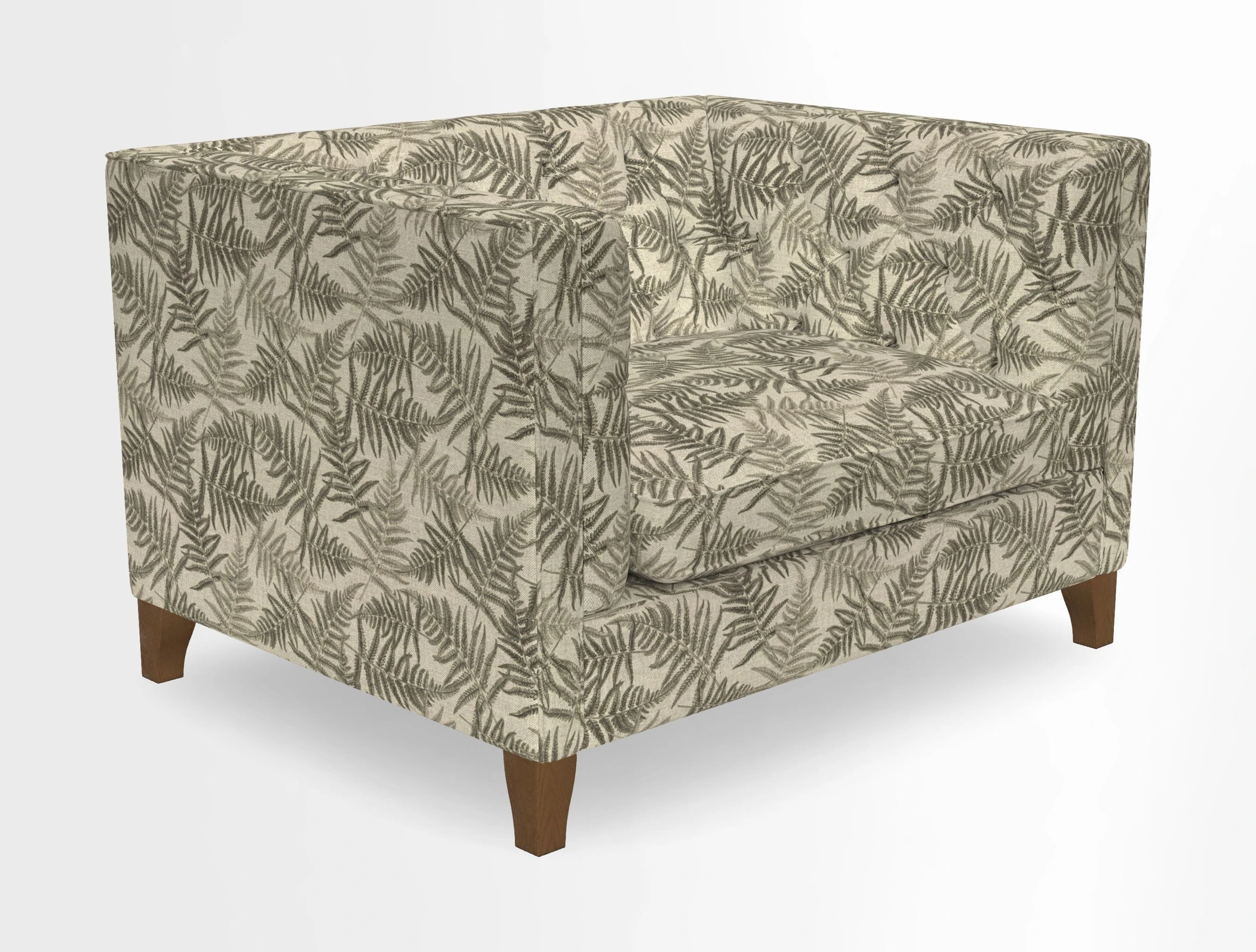 Haresfield Snuggler Dipped Arms in Mohair Lichen Seat Cushion in RHS Gertrude Jekyll Meadow Flower Olive and Scatters in RHS Gertrude Jekyll Folklore Olive