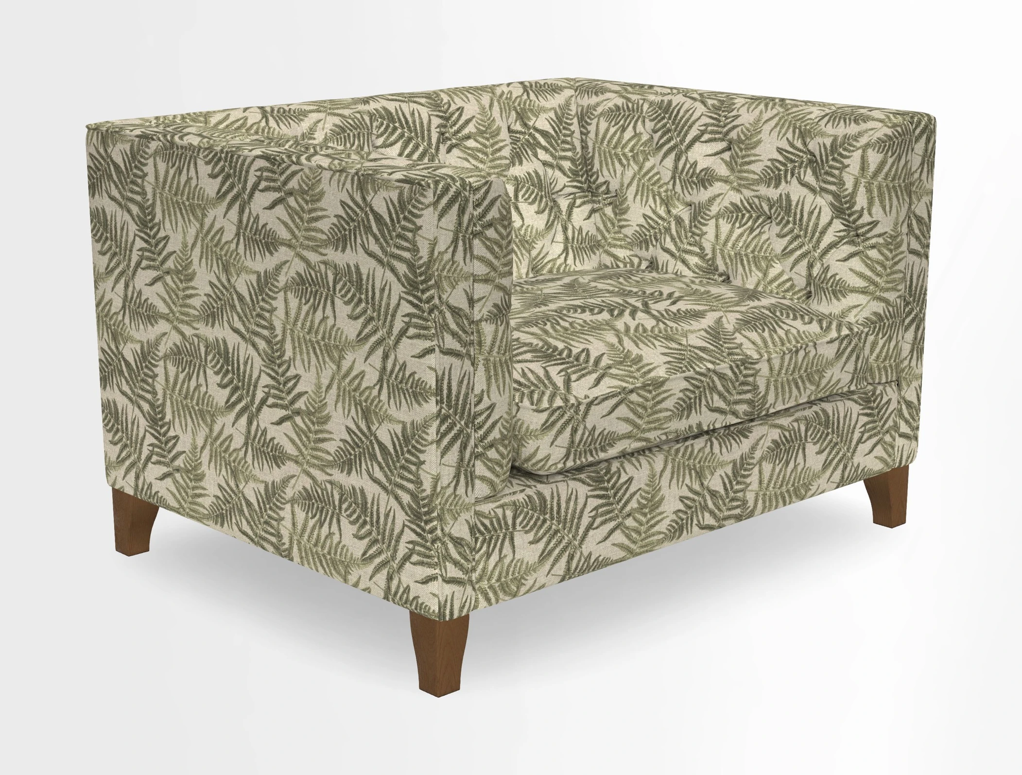 Haresfield Snuggler Dipped Arms in Mohair Lichen Seat Cushion in RHS Gertrude Jekyll Meadow Flower Olive and Scatters in RHS Gertrude Jekyll Folklore Olive