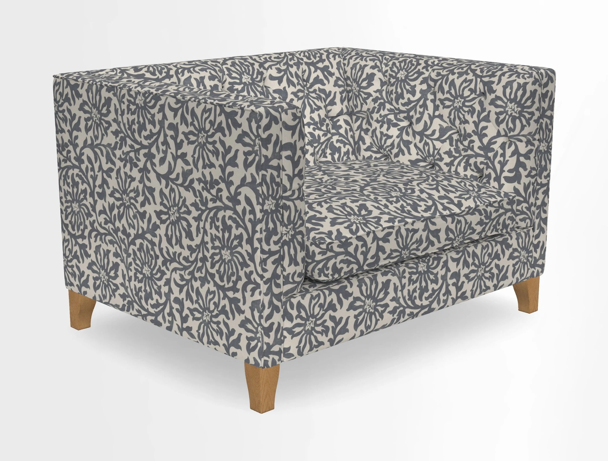 Haresfield Snuggler Dipped Arms in Mohair Lichen Seat Cushion in RHS Gertrude Jekyll Meadow Flower Olive and Scatters in RHS Gertrude Jekyll Folklore Olive
