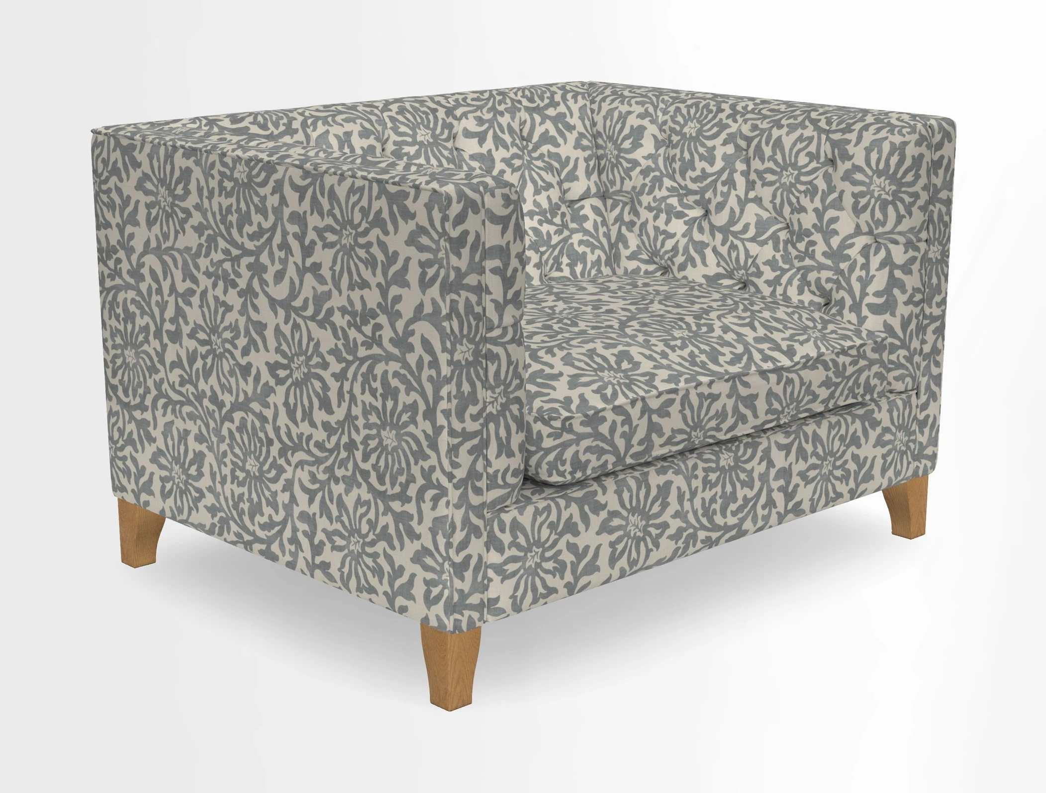 Haresfield Snuggler Dipped Arms in Mohair Lichen Seat Cushion in RHS Gertrude Jekyll Meadow Flower Olive and Scatters in RHS Gertrude Jekyll Folklore Olive