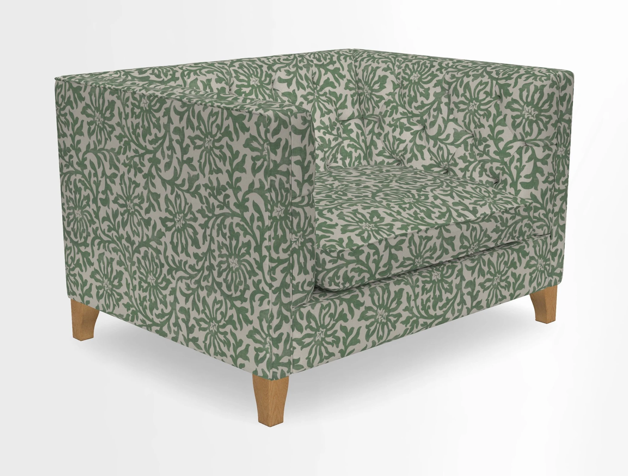 Haresfield Snuggler Dipped Arms in Mohair Lichen Seat Cushion in RHS Gertrude Jekyll Meadow Flower Olive and Scatters in RHS Gertrude Jekyll Folklore Olive