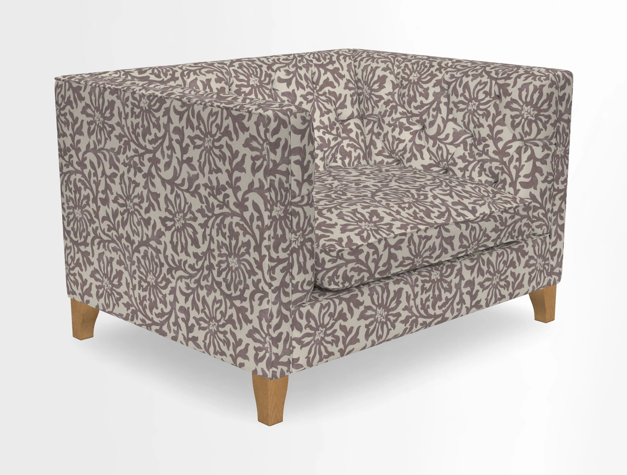 Haresfield Snuggler Dipped Arms in Mohair Lichen Seat Cushion in RHS Gertrude Jekyll Meadow Flower Olive and Scatters in RHS Gertrude Jekyll Folklore Olive