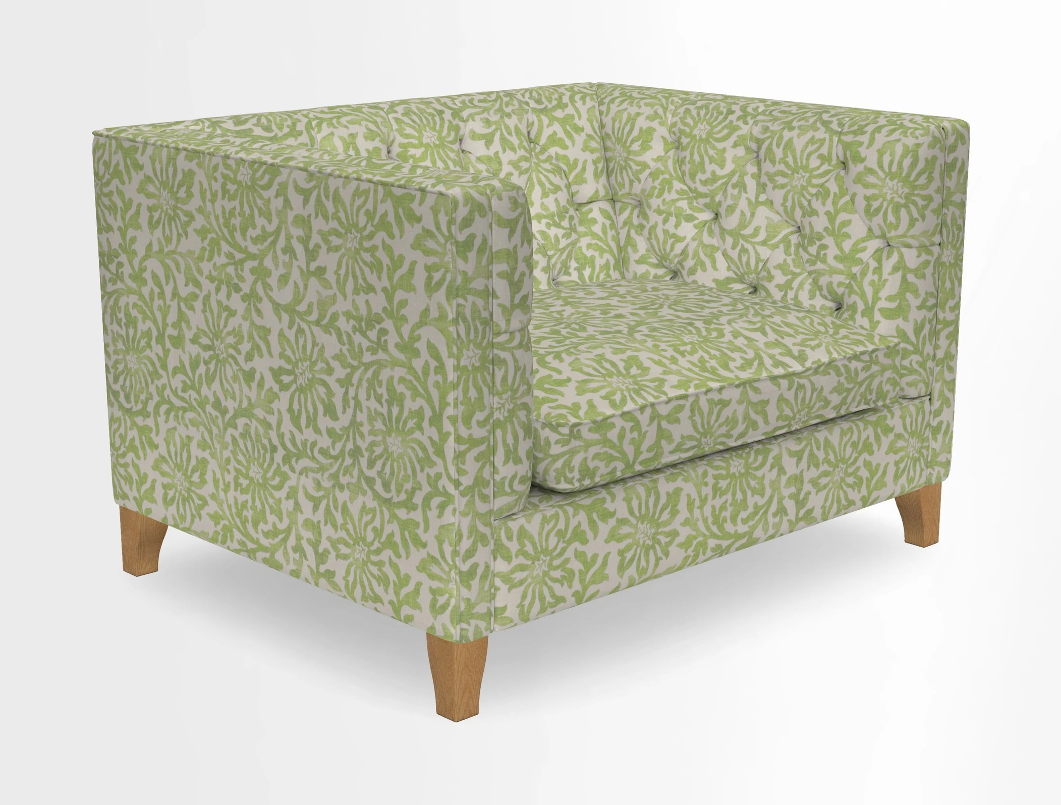 Haresfield Snuggler Dipped Arms in Mohair Lichen Seat Cushion in RHS Gertrude Jekyll Meadow Flower Olive and Scatters in RHS Gertrude Jekyll Folklore Olive