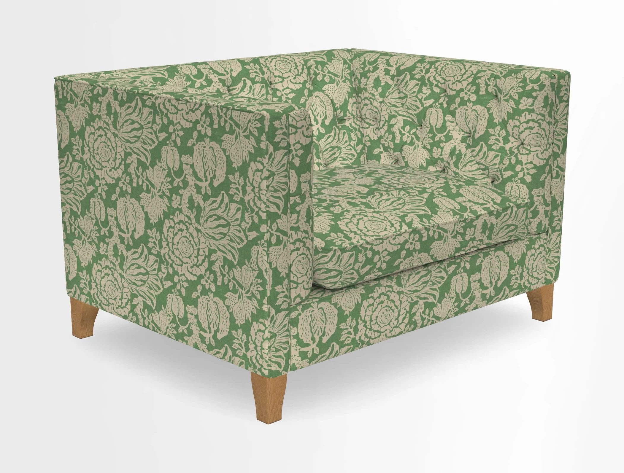 Haresfield Snuggler Dipped Arms in Mohair Lichen Seat Cushion in RHS Gertrude Jekyll Meadow Flower Olive and Scatters in RHS Gertrude Jekyll Folklore Olive