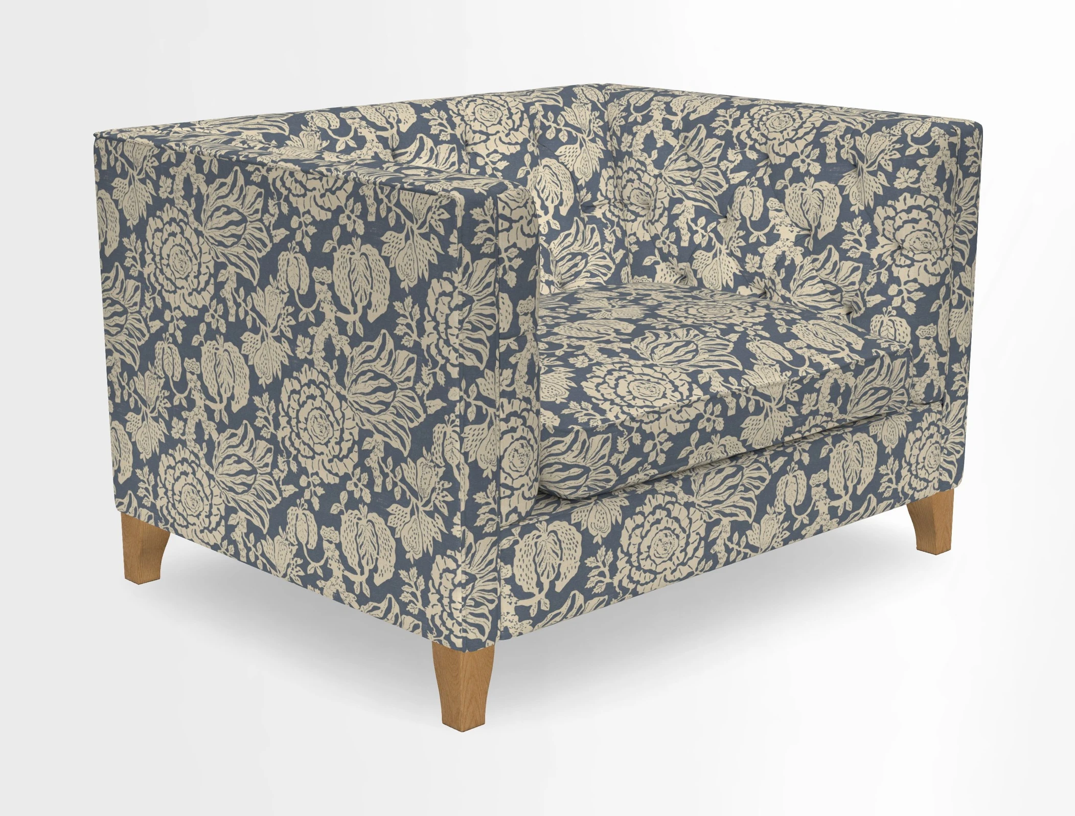 Haresfield Snuggler Dipped Arms in Mohair Lichen Seat Cushion in RHS Gertrude Jekyll Meadow Flower Olive and Scatters in RHS Gertrude Jekyll Folklore Olive