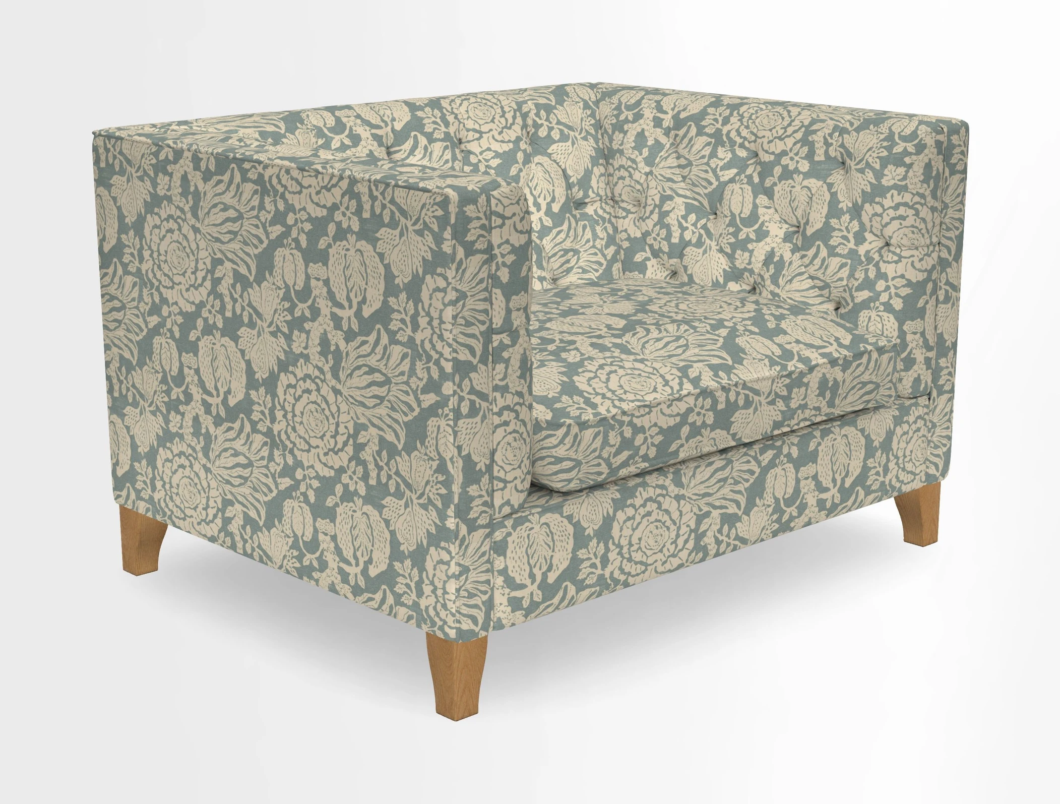 Haresfield Snuggler Dipped Arms in Mohair Lichen Seat Cushion in RHS Gertrude Jekyll Meadow Flower Olive and Scatters in RHS Gertrude Jekyll Folklore Olive