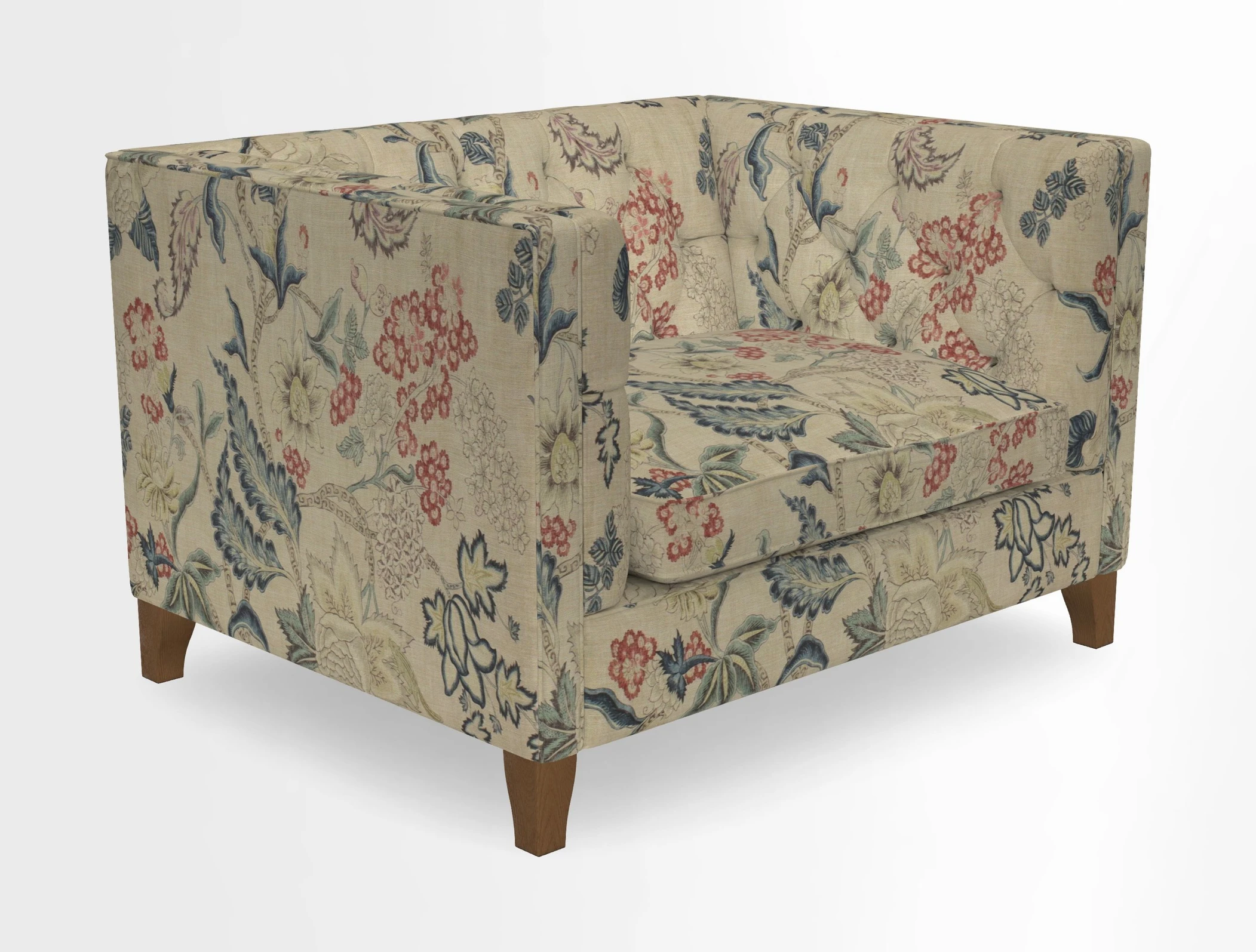 Haresfield Snuggler Dipped Arms in Mohair Lichen Seat Cushion in RHS Gertrude Jekyll Meadow Flower Olive and Scatters in RHS Gertrude Jekyll Folklore Olive