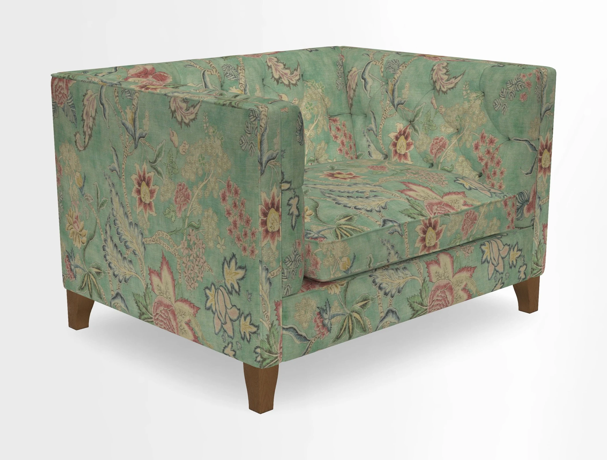 Haresfield Snuggler Dipped Arms in Mohair Lichen Seat Cushion in RHS Gertrude Jekyll Meadow Flower Olive and Scatters in RHS Gertrude Jekyll Folklore Olive