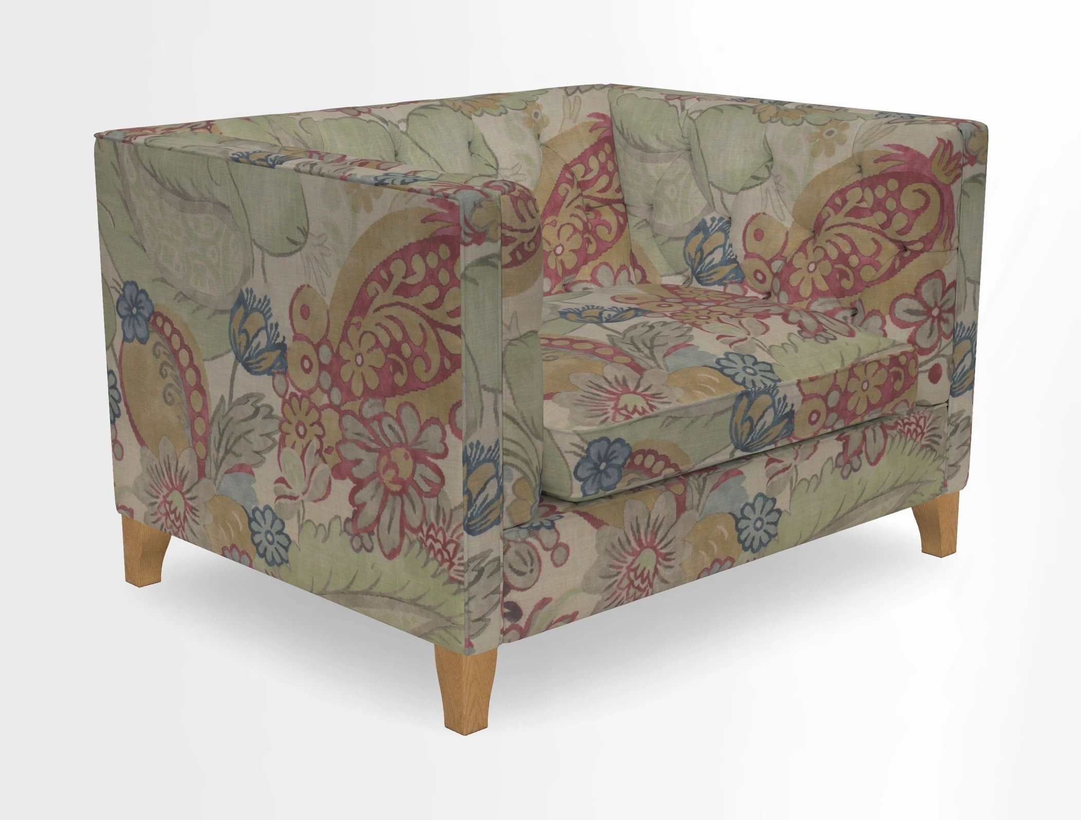 Haresfield Snuggler Dipped Arms in Mohair Lichen Seat Cushion in RHS Gertrude Jekyll Meadow Flower Olive and Scatters in RHS Gertrude Jekyll Folklore Olive