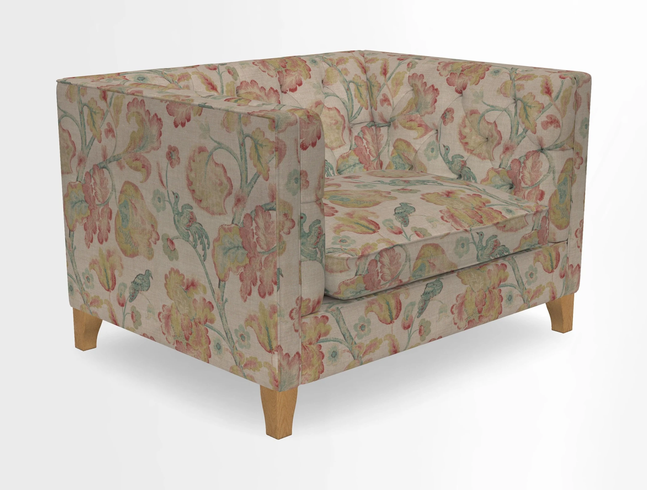 Haresfield Snuggler Dipped Arms in Mohair Lichen Seat Cushion in RHS Gertrude Jekyll Meadow Flower Olive and Scatters in RHS Gertrude Jekyll Folklore Olive
