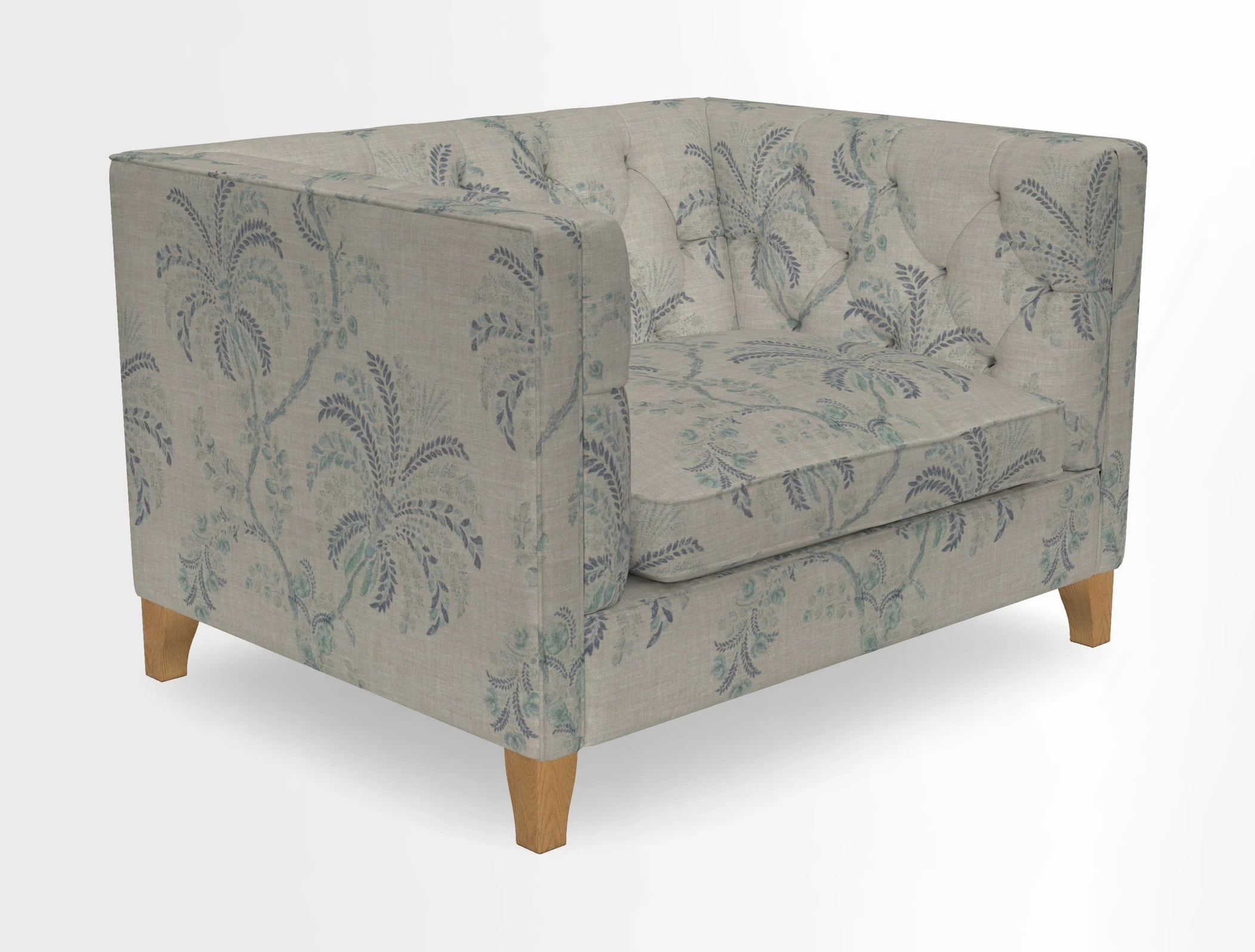 Haresfield Snuggler Dipped Arms in Mohair Lichen Seat Cushion in RHS Gertrude Jekyll Meadow Flower Olive and Scatters in RHS Gertrude Jekyll Folklore Olive