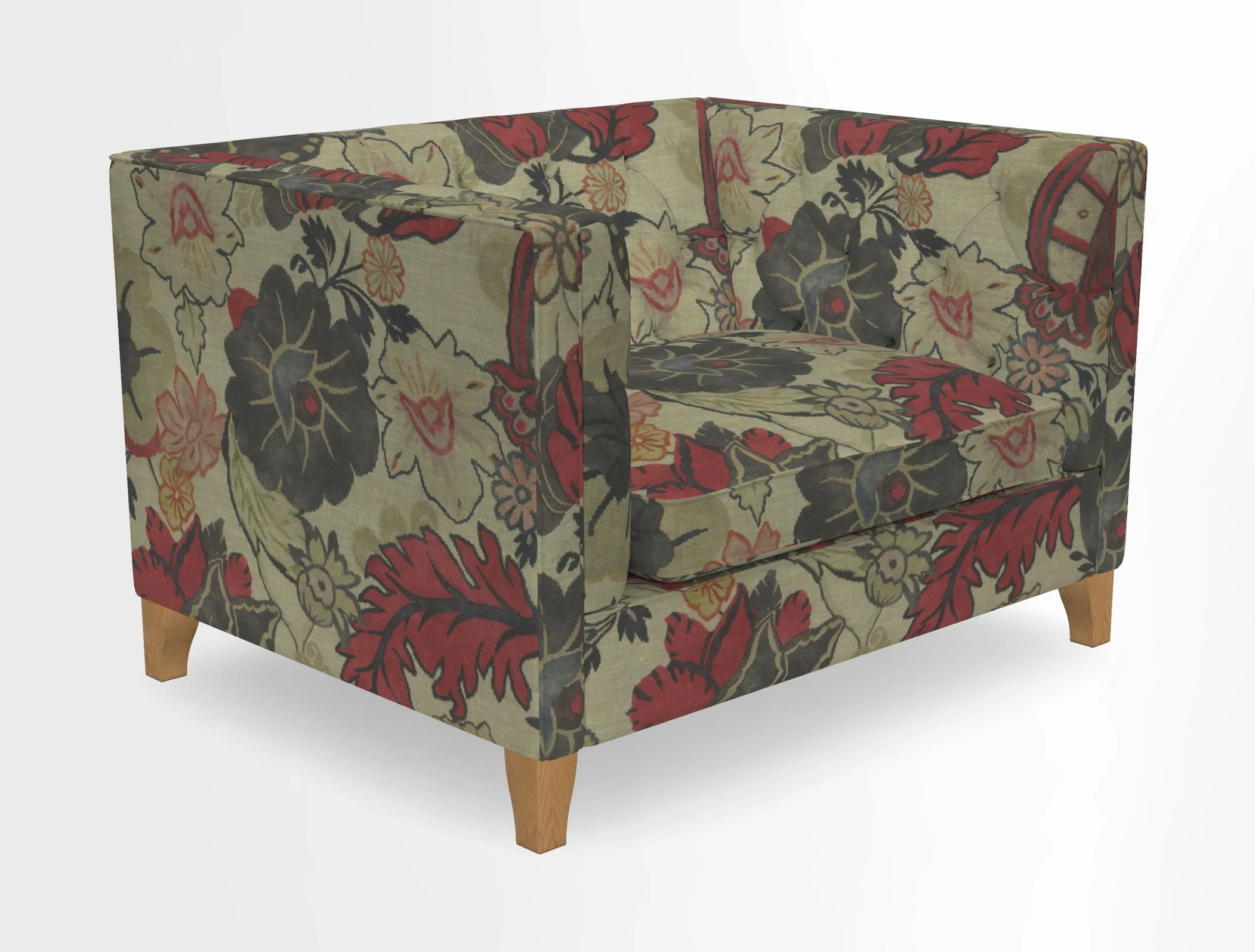 Haresfield Snuggler Dipped Arms in Mohair Lichen Seat Cushion in RHS Gertrude Jekyll Meadow Flower Olive and Scatters in RHS Gertrude Jekyll Folklore Olive