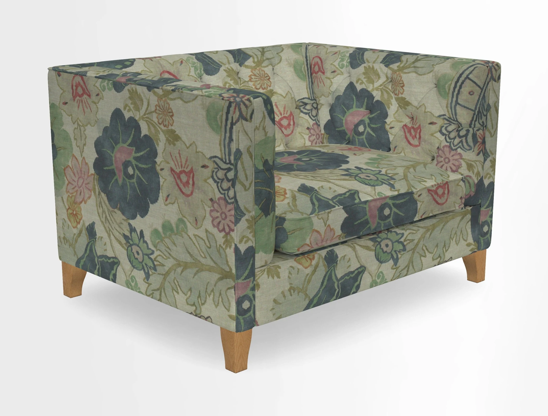 Haresfield Snuggler Dipped Arms in Mohair Lichen Seat Cushion in RHS Gertrude Jekyll Meadow Flower Olive and Scatters in RHS Gertrude Jekyll Folklore Olive