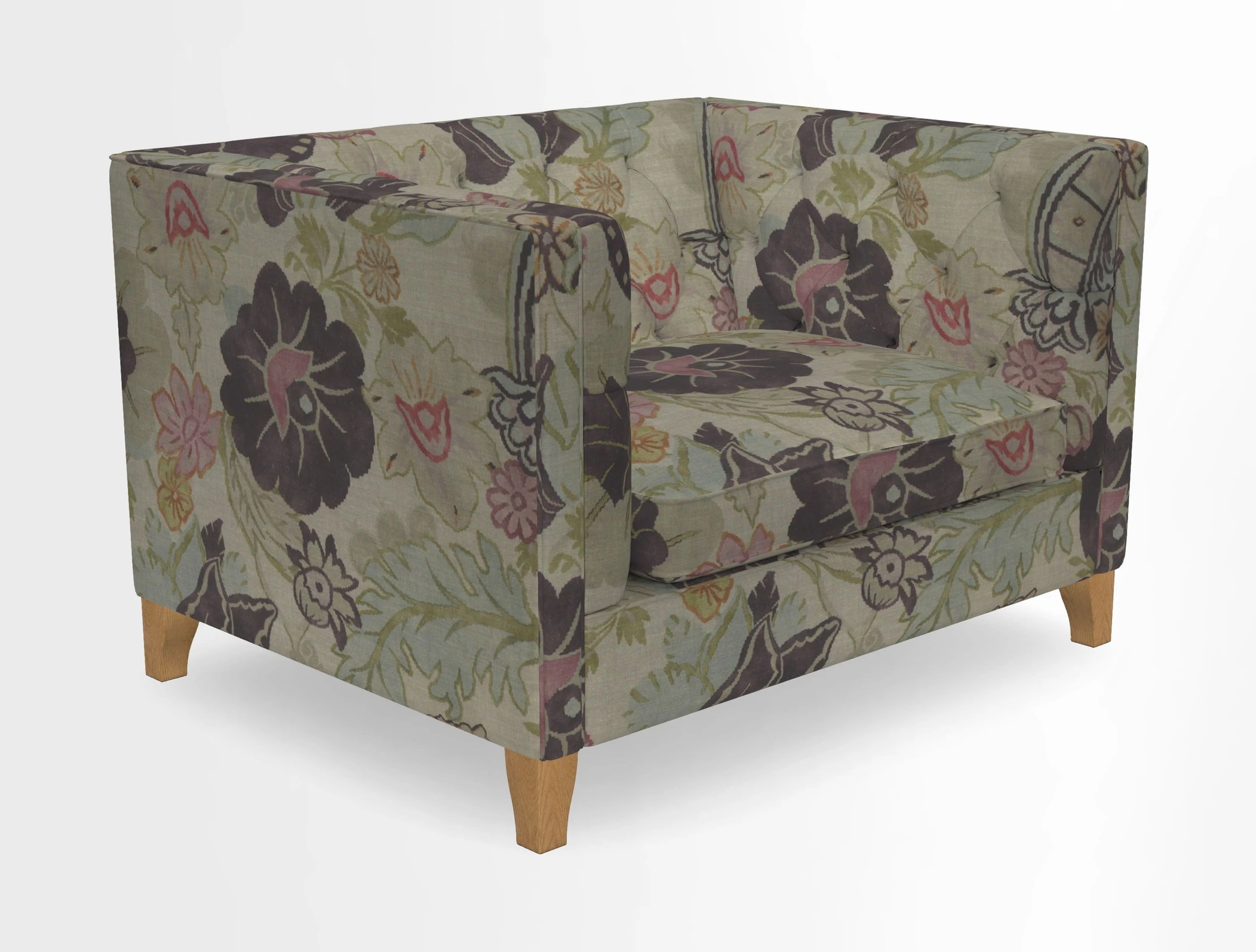 Haresfield Snuggler Dipped Arms in Mohair Lichen Seat Cushion in RHS Gertrude Jekyll Meadow Flower Olive and Scatters in RHS Gertrude Jekyll Folklore Olive