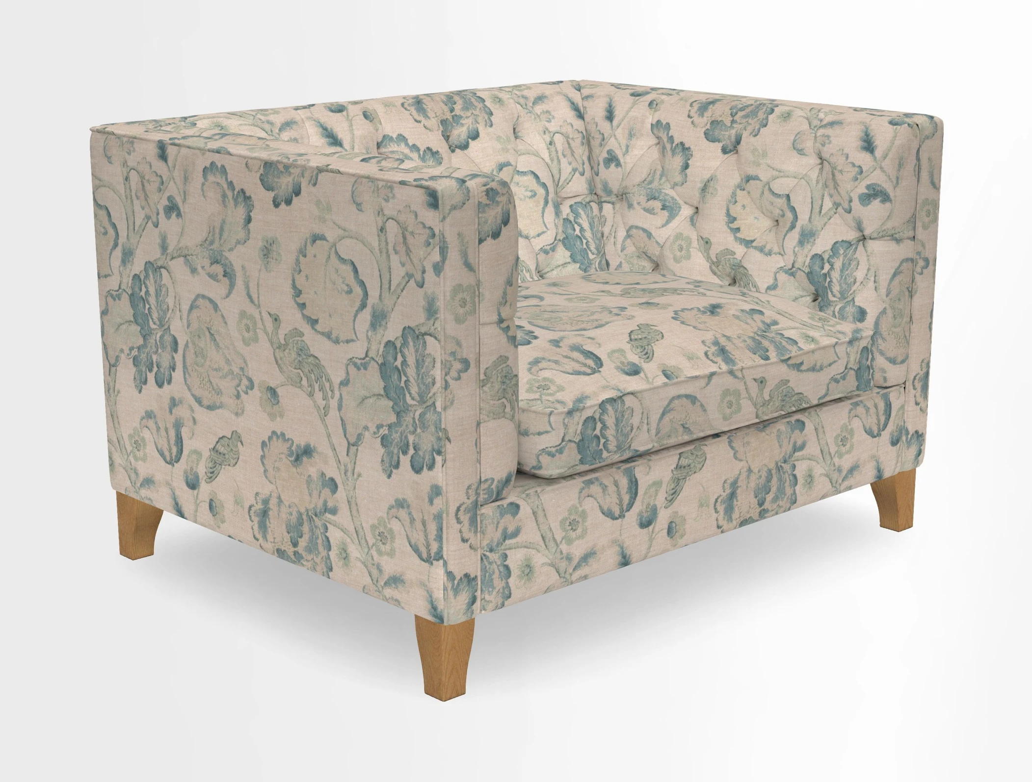 Haresfield Snuggler Dipped Arms in Mohair Lichen Seat Cushion in RHS Gertrude Jekyll Meadow Flower Olive and Scatters in RHS Gertrude Jekyll Folklore Olive