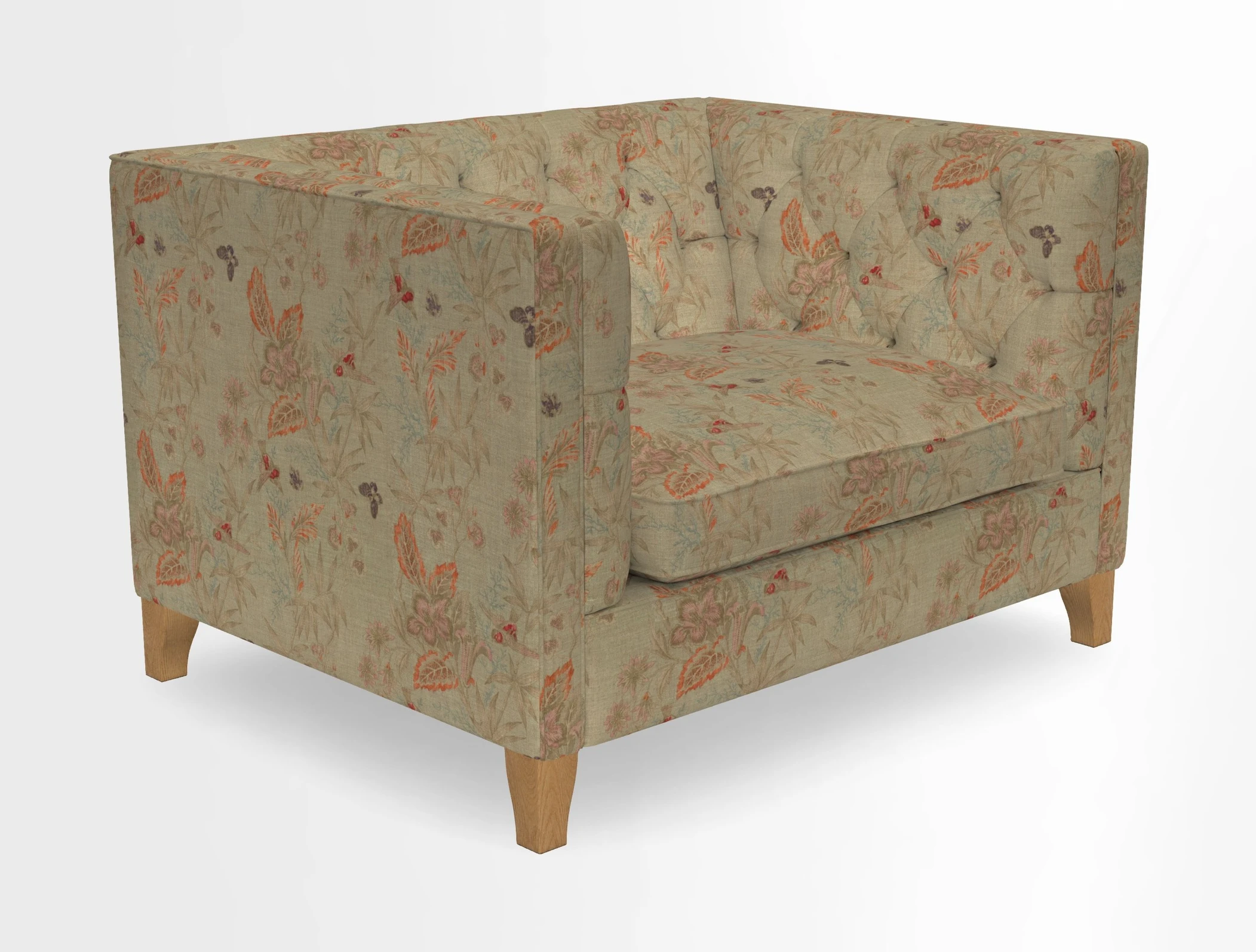 Haresfield Snuggler Dipped Arms in Mohair Lichen Seat Cushion in RHS Gertrude Jekyll Meadow Flower Olive and Scatters in RHS Gertrude Jekyll Folklore Olive