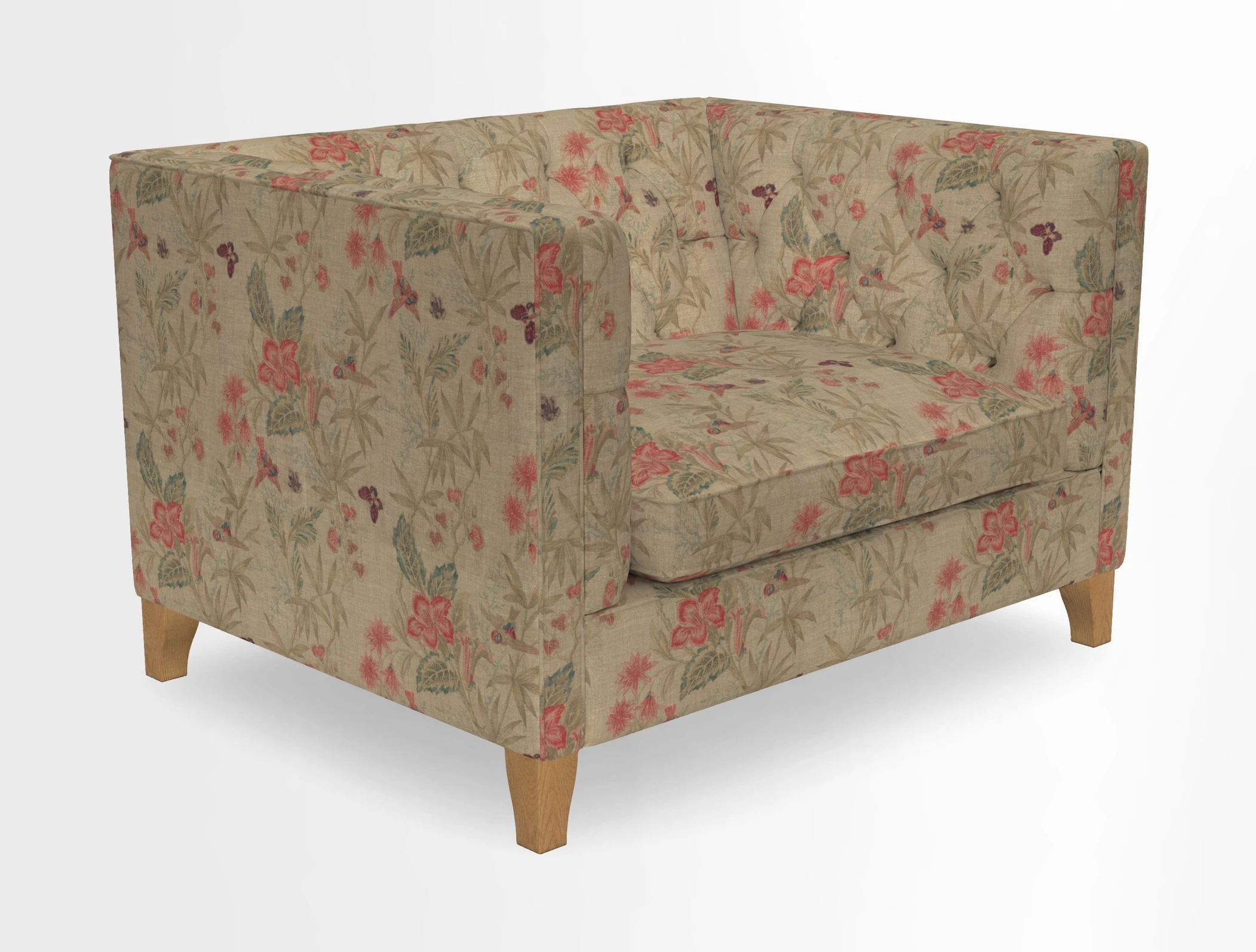 Haresfield Snuggler Dipped Arms in Mohair Lichen Seat Cushion in RHS Gertrude Jekyll Meadow Flower Olive and Scatters in RHS Gertrude Jekyll Folklore Olive