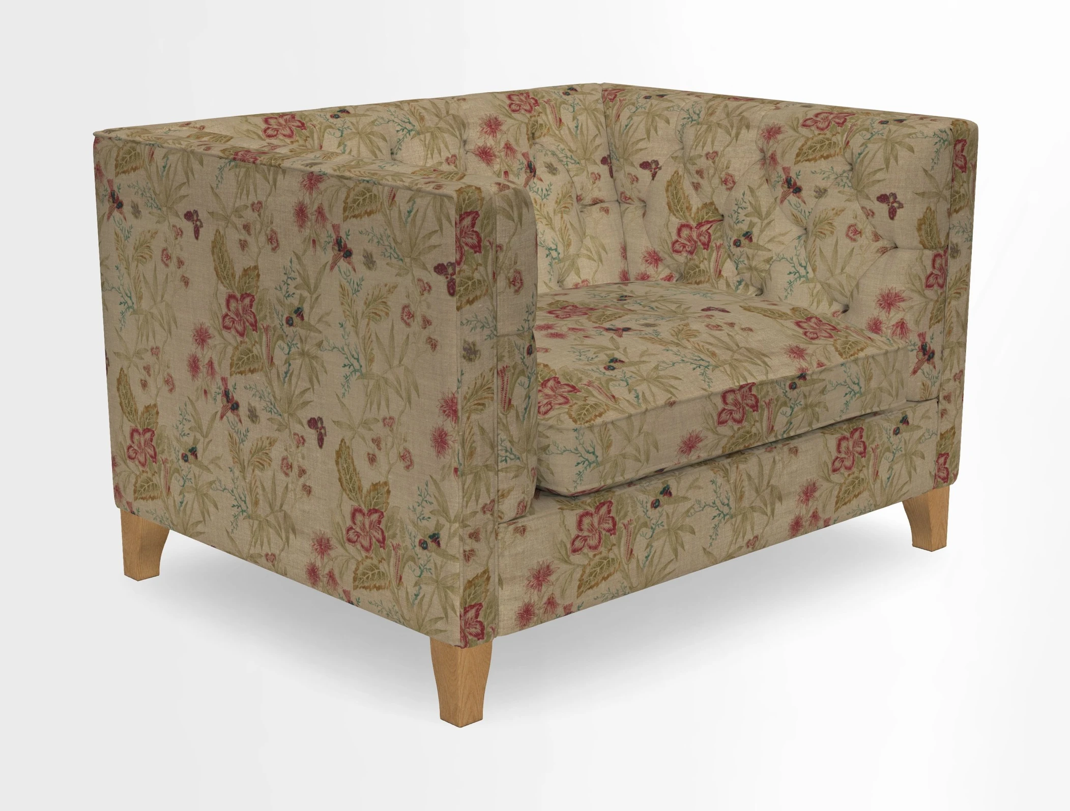 Haresfield Snuggler Dipped Arms in Mohair Lichen Seat Cushion in RHS Gertrude Jekyll Meadow Flower Olive and Scatters in RHS Gertrude Jekyll Folklore Olive