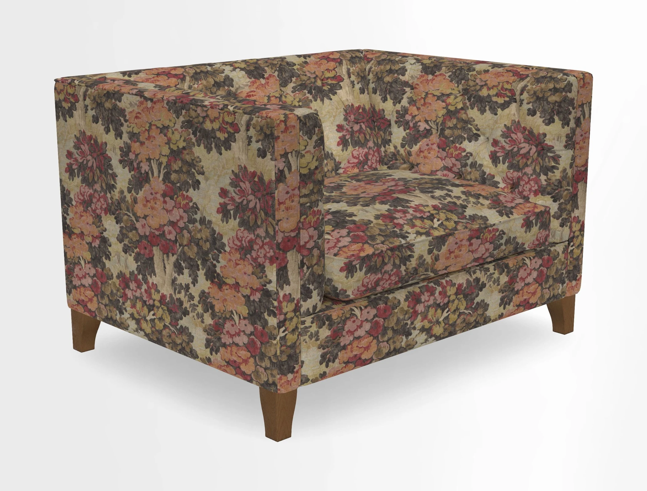 Haresfield Snuggler Dipped Arms in Mohair Lichen Seat Cushion in RHS Gertrude Jekyll Meadow Flower Olive and Scatters in RHS Gertrude Jekyll Folklore Olive