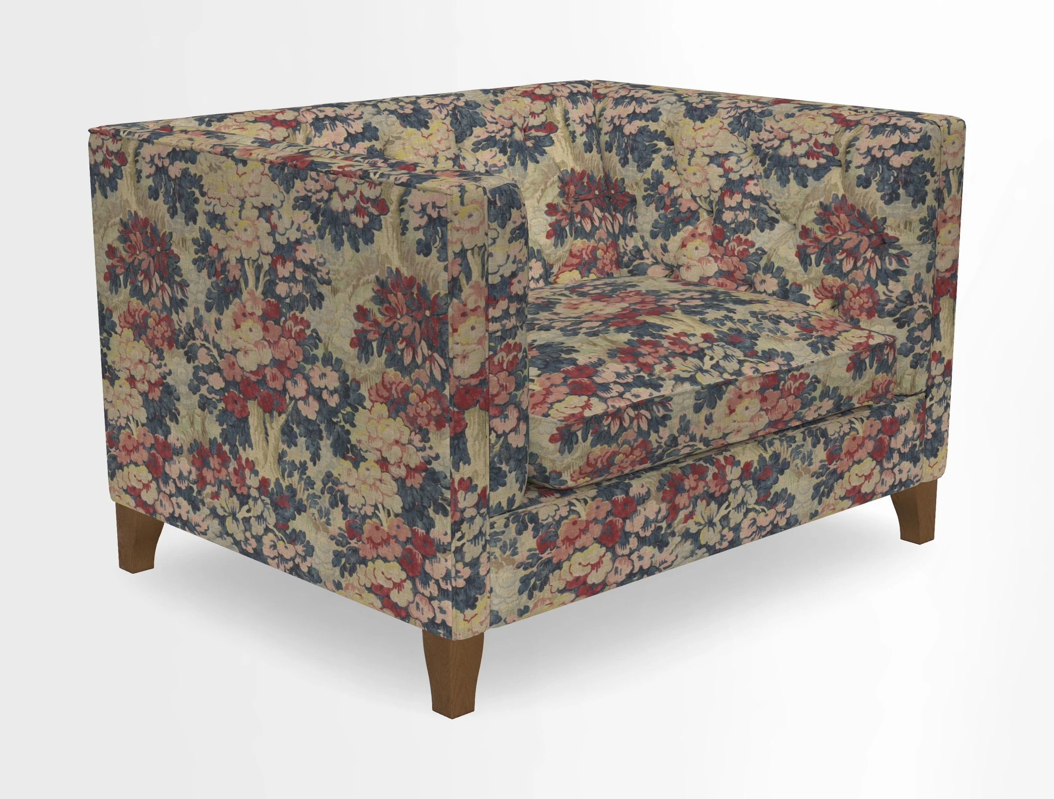 Haresfield Snuggler Dipped Arms in Mohair Lichen Seat Cushion in RHS Gertrude Jekyll Meadow Flower Olive and Scatters in RHS Gertrude Jekyll Folklore Olive