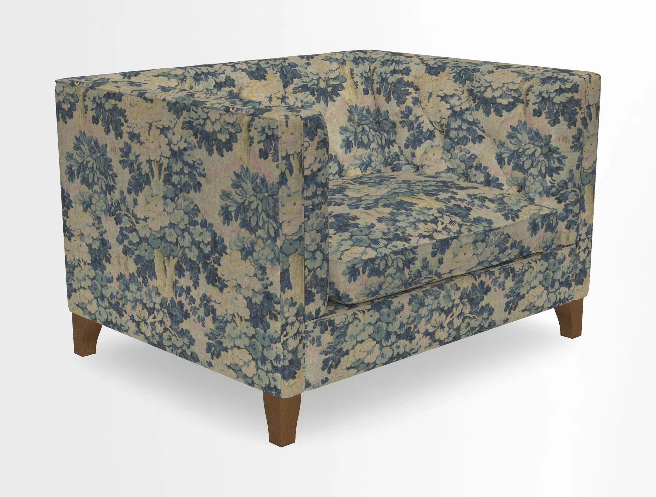 Haresfield Snuggler Dipped Arms in Mohair Lichen Seat Cushion in RHS Gertrude Jekyll Meadow Flower Olive and Scatters in RHS Gertrude Jekyll Folklore Olive