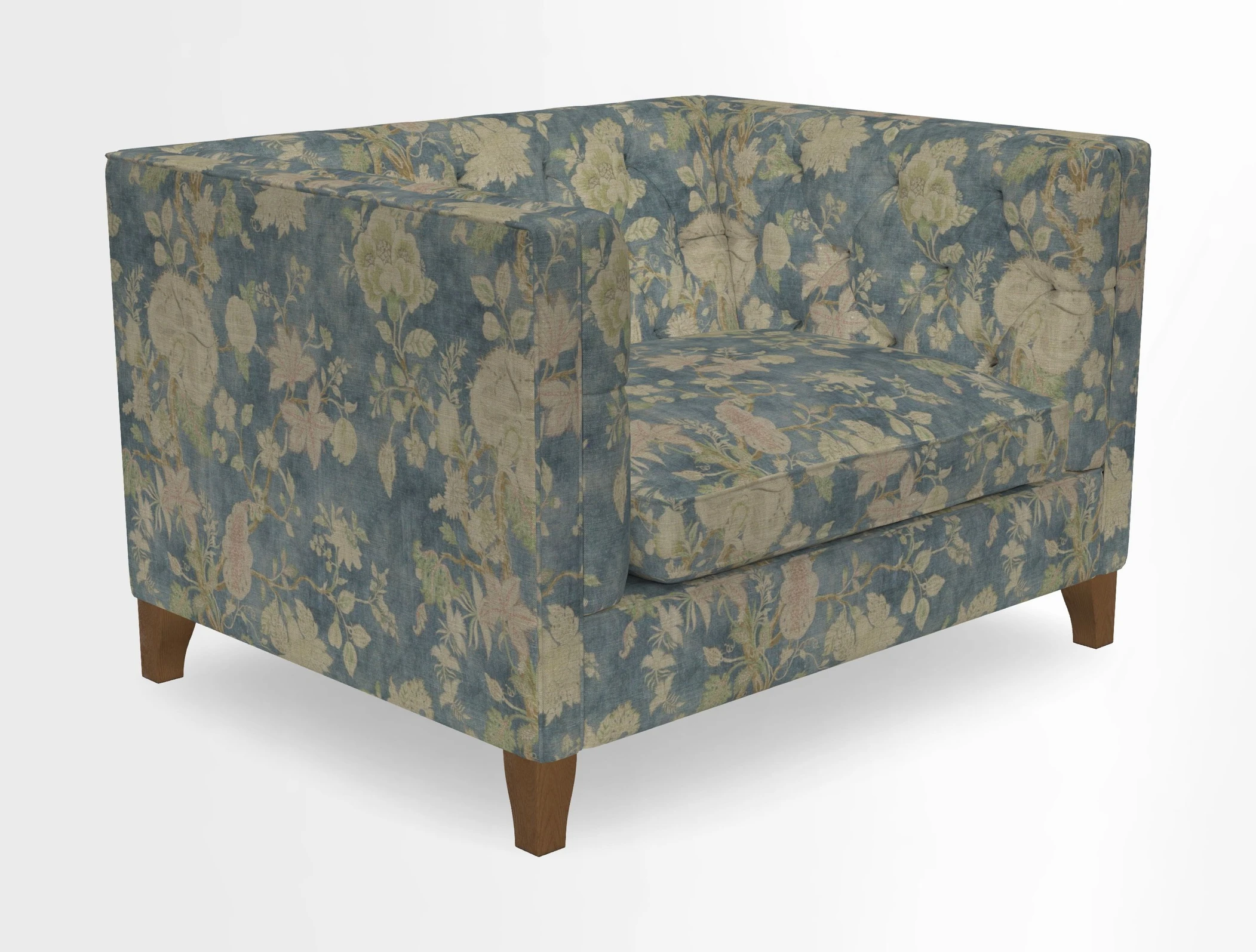 Haresfield Snuggler Dipped Arms in Mohair Lichen Seat Cushion in RHS Gertrude Jekyll Meadow Flower Olive and Scatters in RHS Gertrude Jekyll Folklore Olive