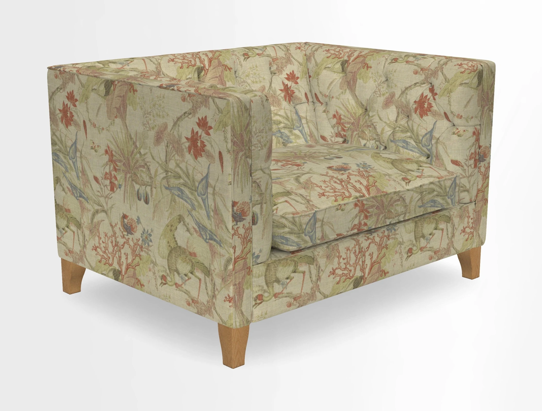 Haresfield Snuggler Dipped Arms in Mohair Lichen Seat Cushion in RHS Gertrude Jekyll Meadow Flower Olive and Scatters in RHS Gertrude Jekyll Folklore Olive