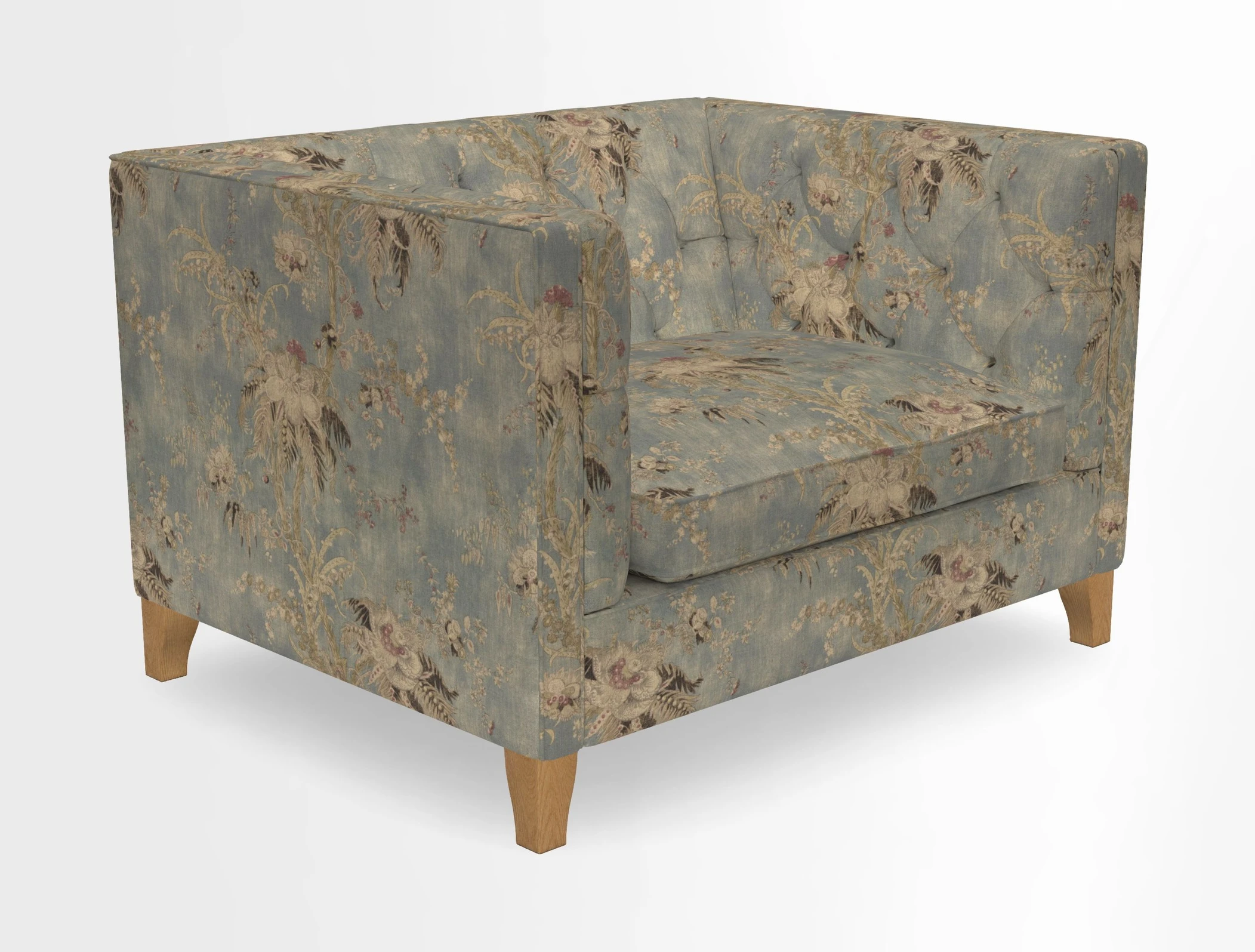 Haresfield Snuggler Dipped Arms in Mohair Lichen Seat Cushion in RHS Gertrude Jekyll Meadow Flower Olive and Scatters in RHS Gertrude Jekyll Folklore Olive