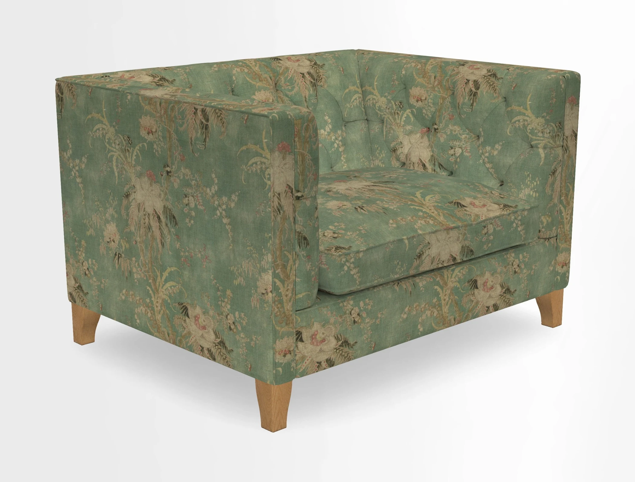 Haresfield Snuggler Dipped Arms in Mohair Lichen Seat Cushion in RHS Gertrude Jekyll Meadow Flower Olive and Scatters in RHS Gertrude Jekyll Folklore Olive