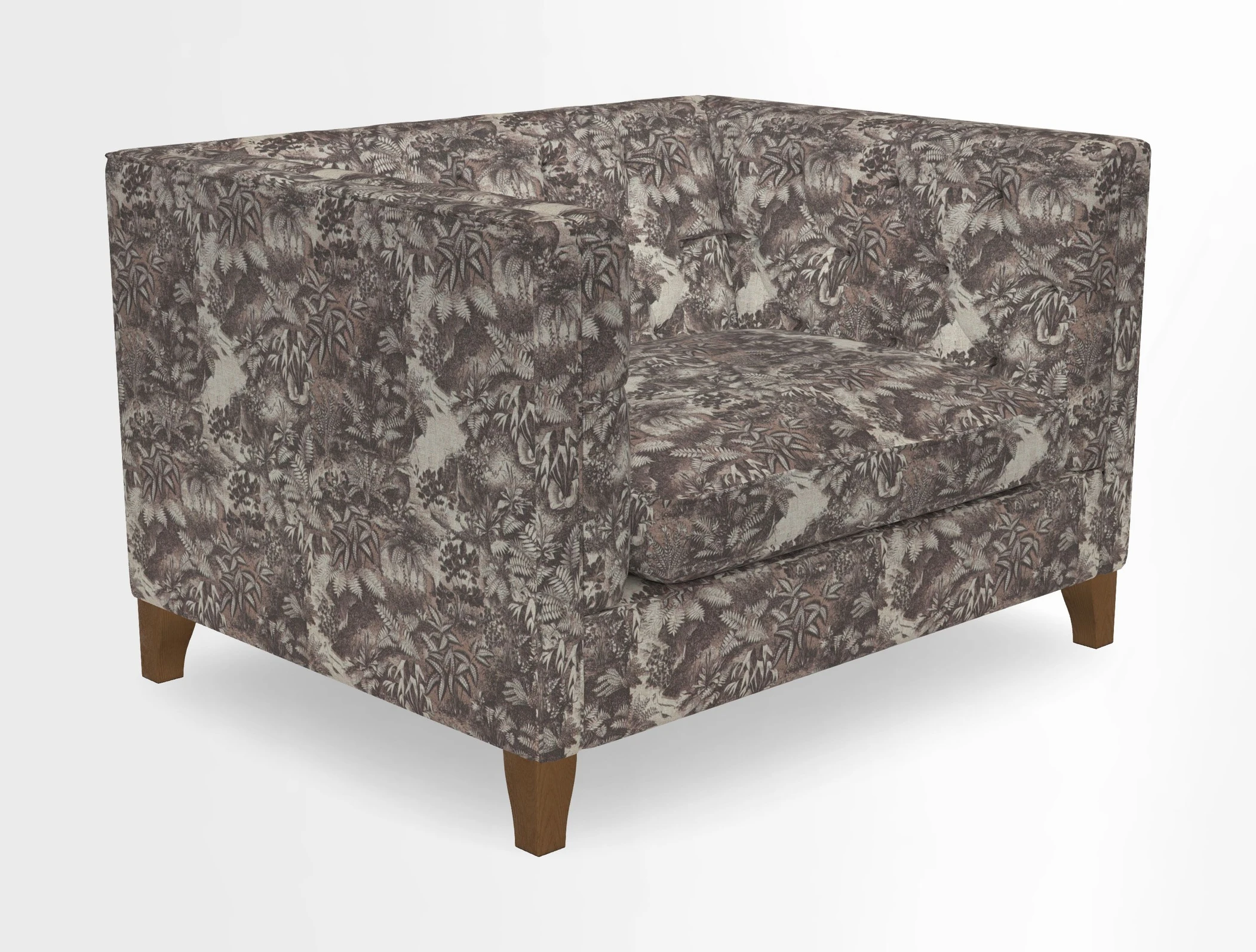 Haresfield Snuggler Dipped Arms in Mohair Lichen Seat Cushion in RHS Gertrude Jekyll Meadow Flower Olive and Scatters in RHS Gertrude Jekyll Folklore Olive