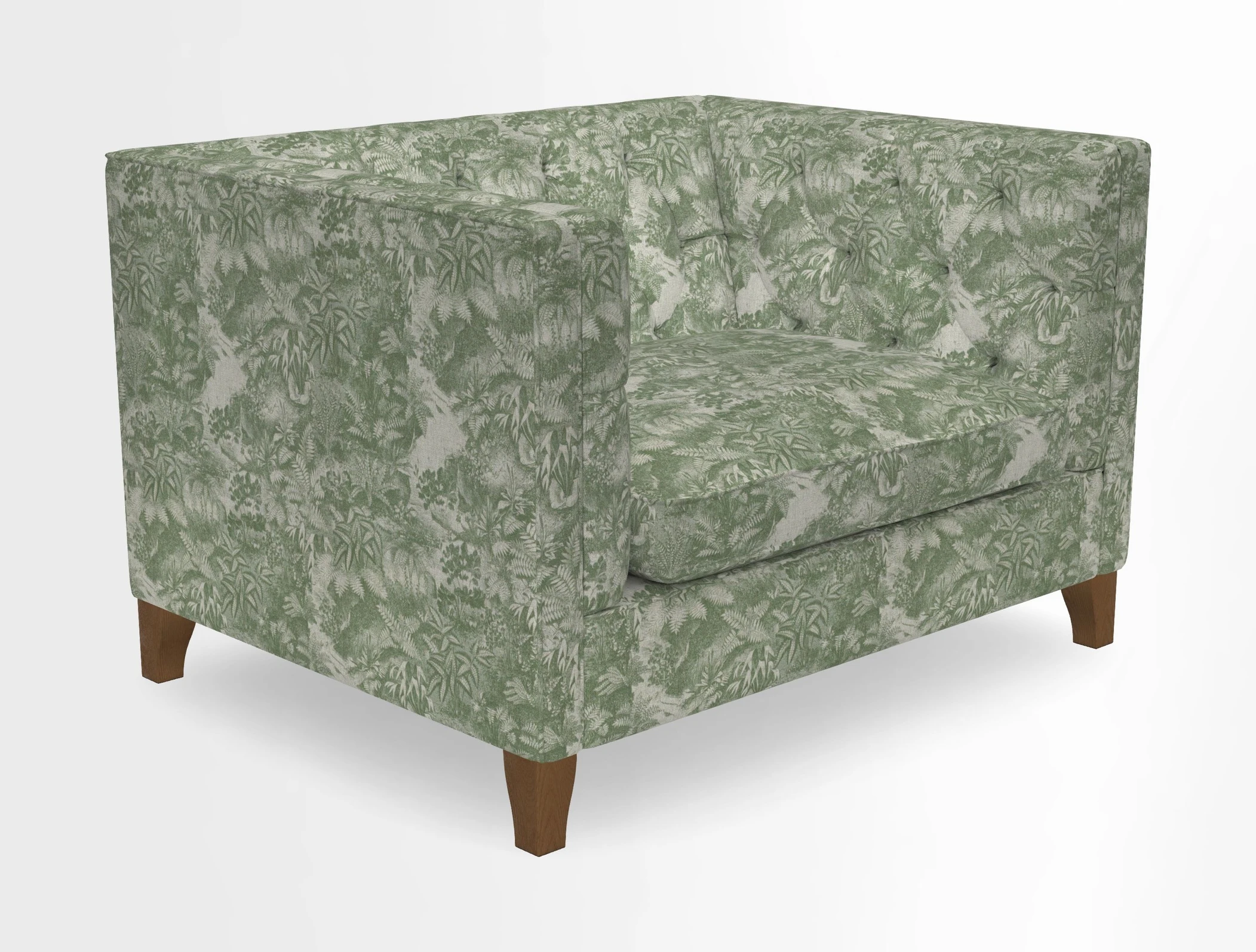 Haresfield Snuggler Dipped Arms in Mohair Lichen Seat Cushion in RHS Gertrude Jekyll Meadow Flower Olive and Scatters in RHS Gertrude Jekyll Folklore Olive