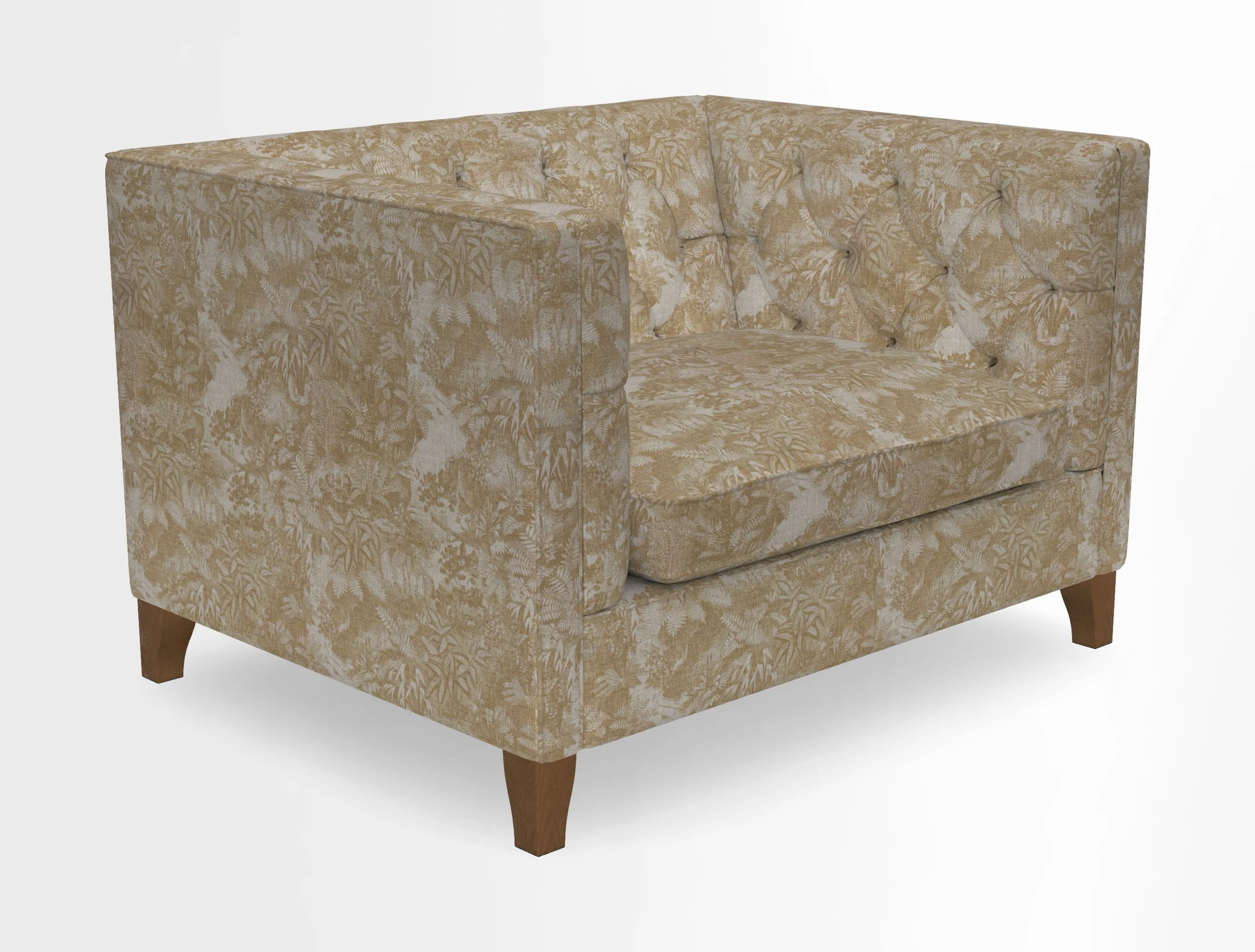 Haresfield Snuggler Dipped Arms in Mohair Lichen Seat Cushion in RHS Gertrude Jekyll Meadow Flower Olive and Scatters in RHS Gertrude Jekyll Folklore Olive